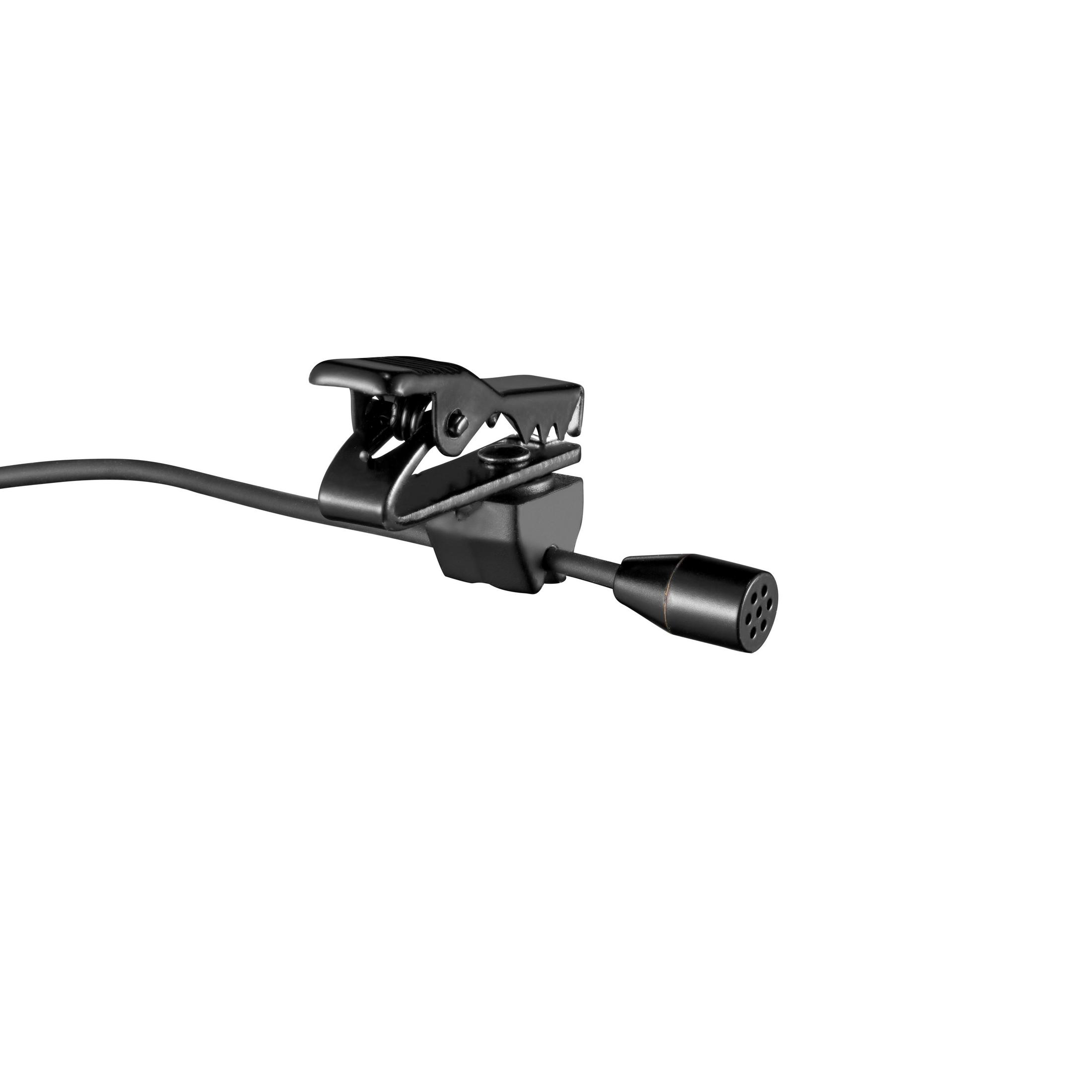Micro cravate noir avec clip et fil, sur fond blanc.