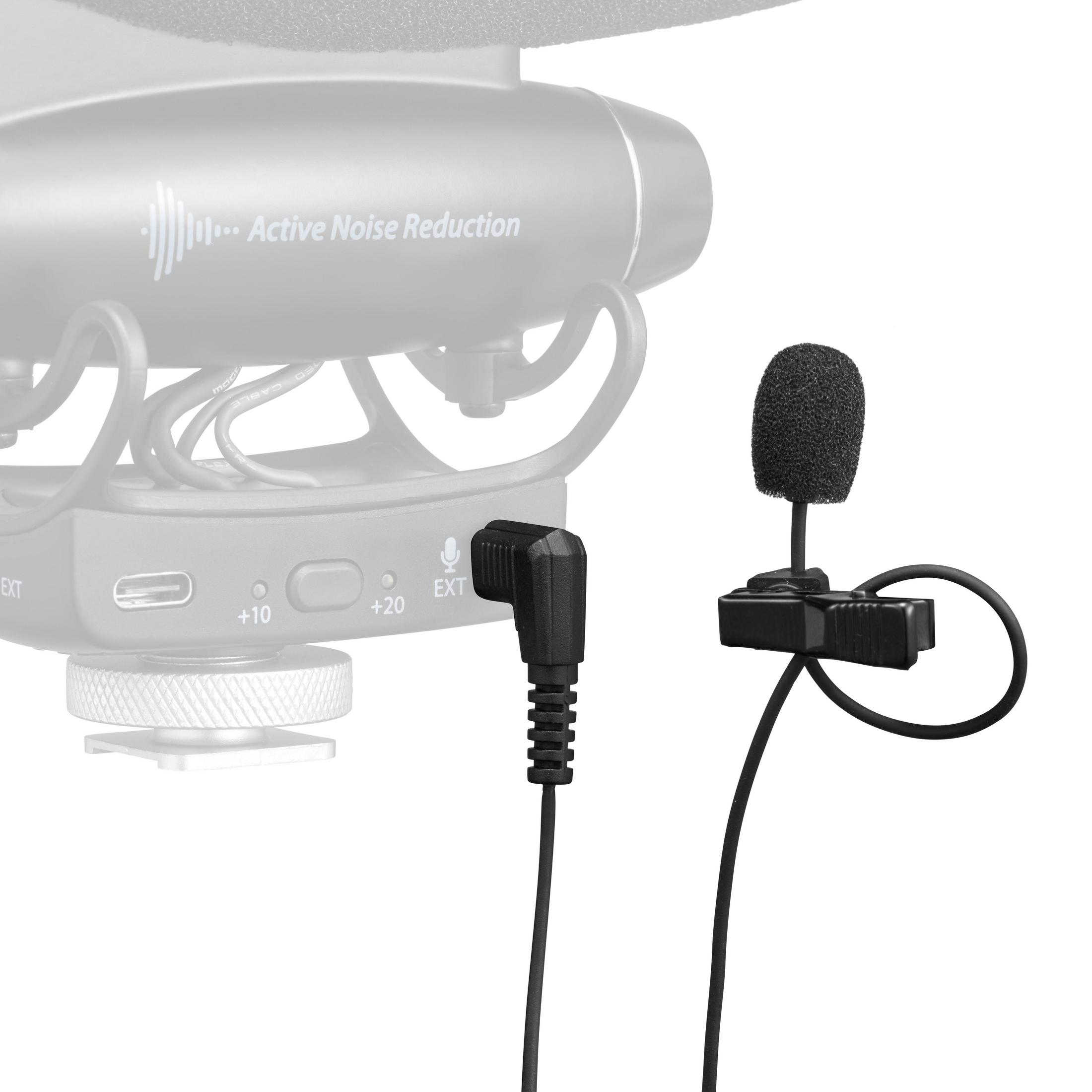 Un microphone et un connecteur pour une caméra, avec le texte 'Active Noise Reduction'.