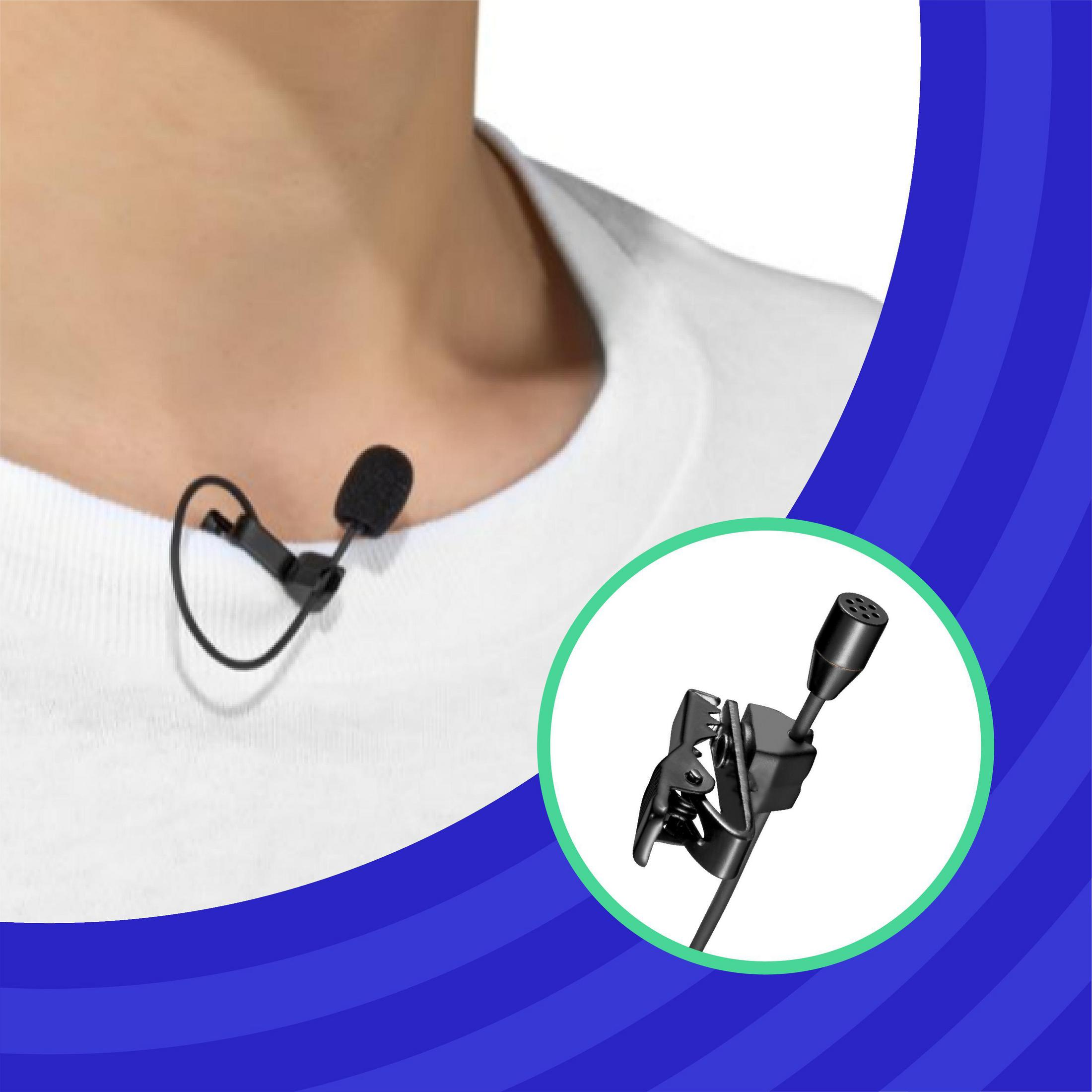 Microphone cravate noir. Micro attaché à une pince et petite tête de micro.
