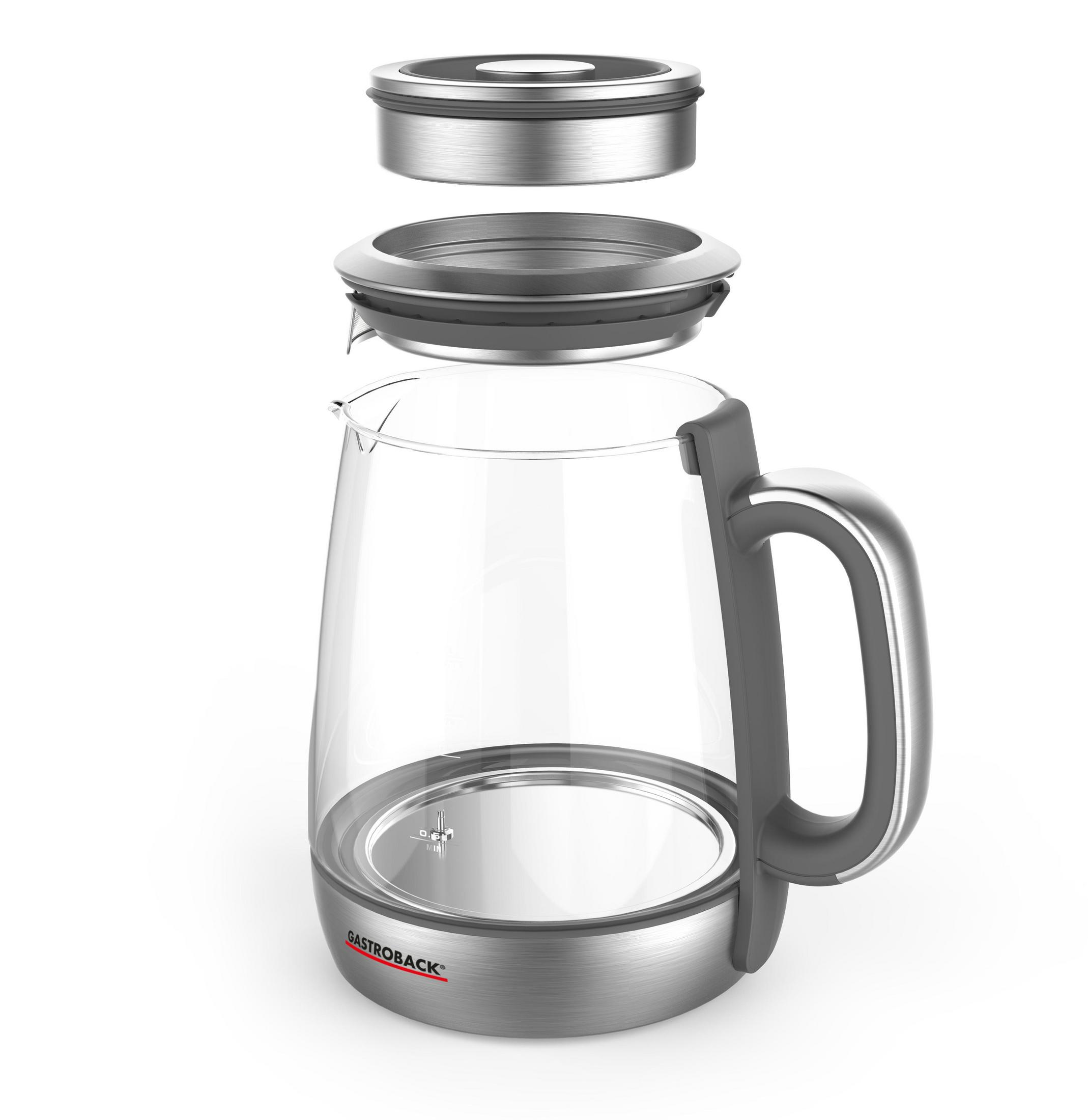 Ein elektrischer Wasserkocher aus Glas und Metall, Deckel und oberer Ring abgenommen, Innenansicht.