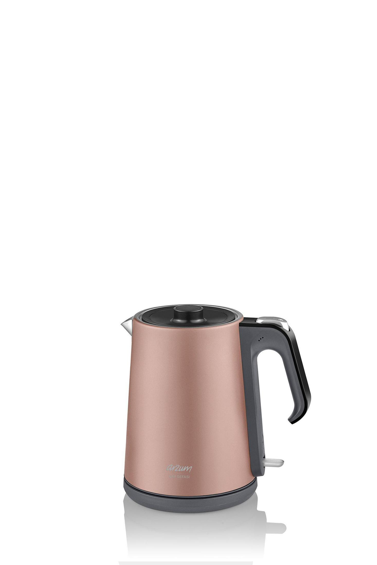Roségoldener elektrischer Wasserkocher auf weißem Hintergrund.