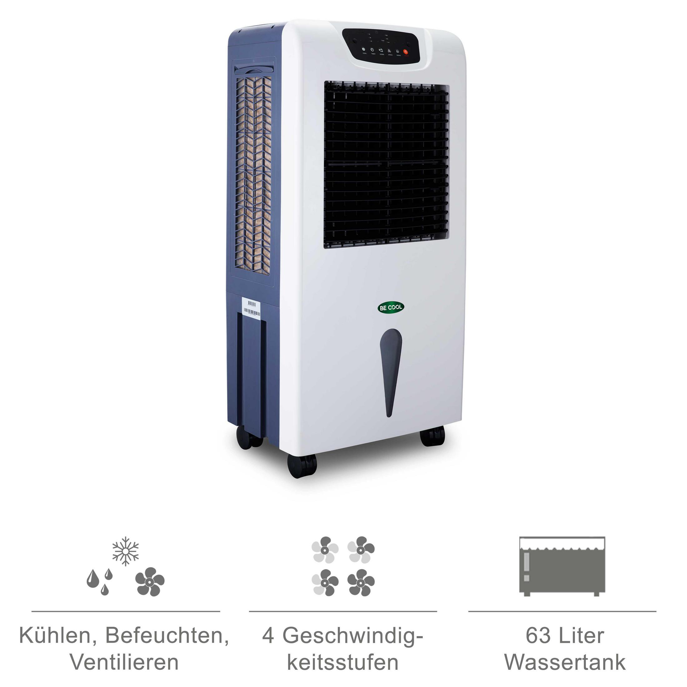Weiß-blauer Luftkühler mit mehreren Funktionen. Es hat Knöpfe und einen Griff.
