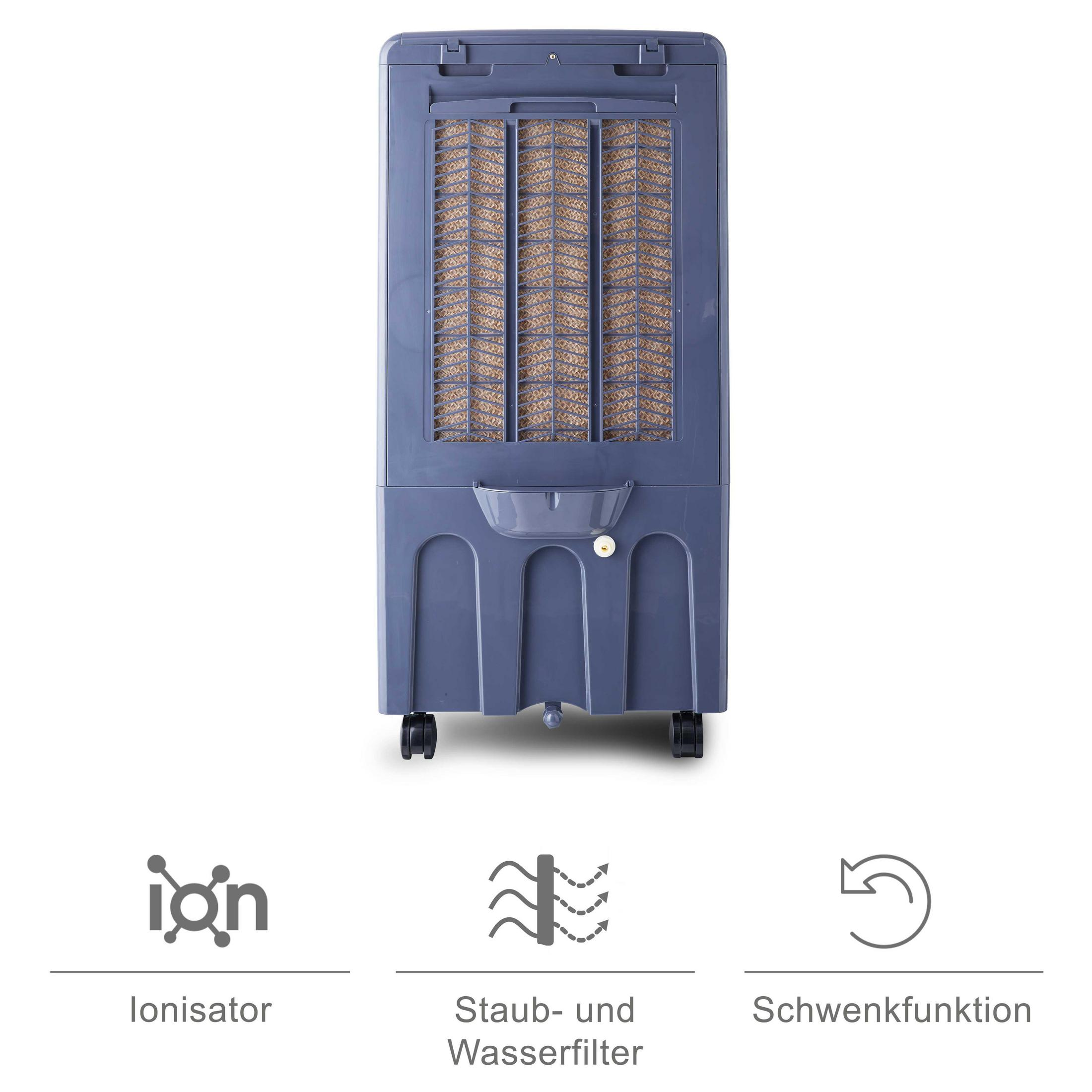 Grauer Luftkühler mit Filter und Rädern. Symbole zeigen Ionisator, Filter und Schwenkfunktion.