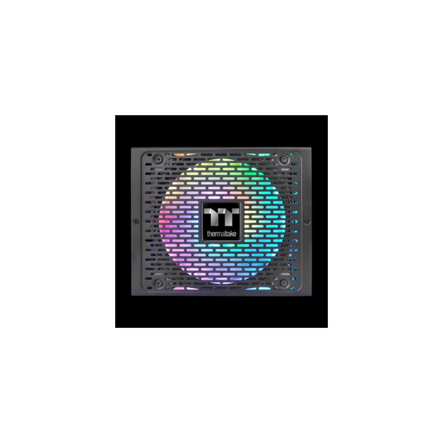 Renkli fanlı siyah bilgisayar güç kaynağı. Marka Thermaltake.