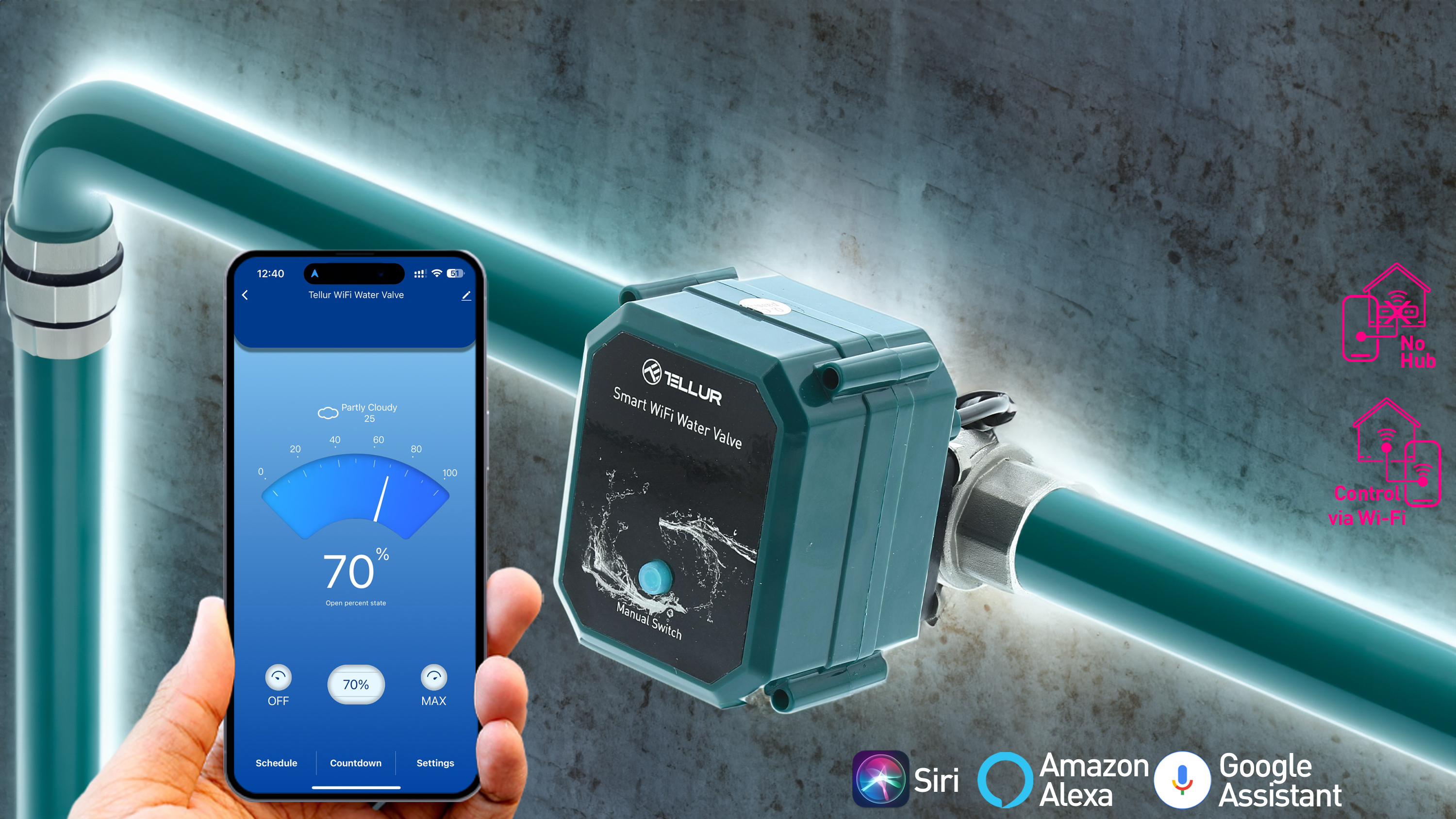 Intelligentes WLAN-Wasser-Ventil an Rohr angeschlossen. Telefon zeigt Steuerungs-App. Grauer Hintergrund.
