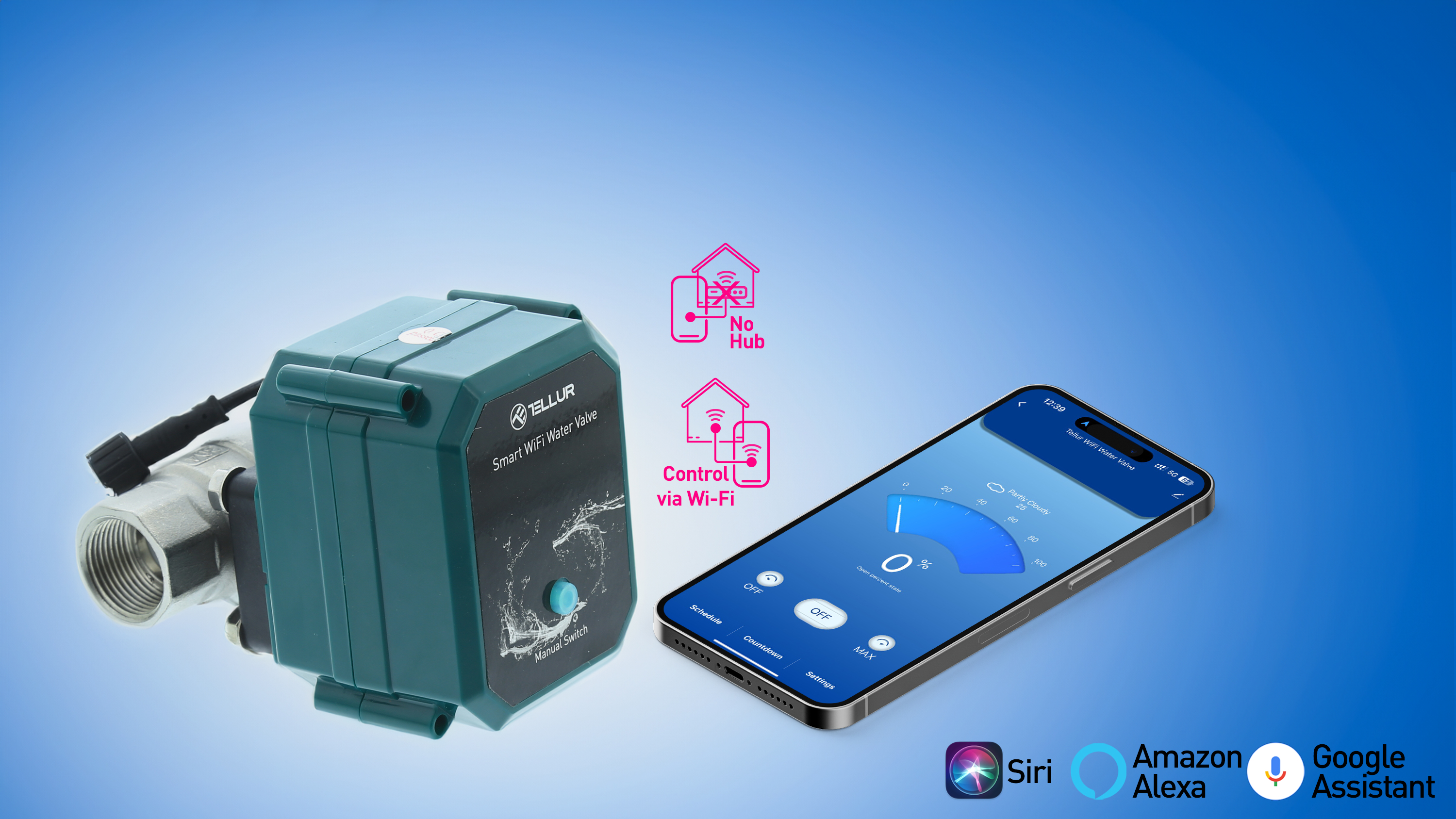 Ein intelligentes WLAN-Wasserventil mit Smartphone, das die Steuerungsoberfläche anzeigt.