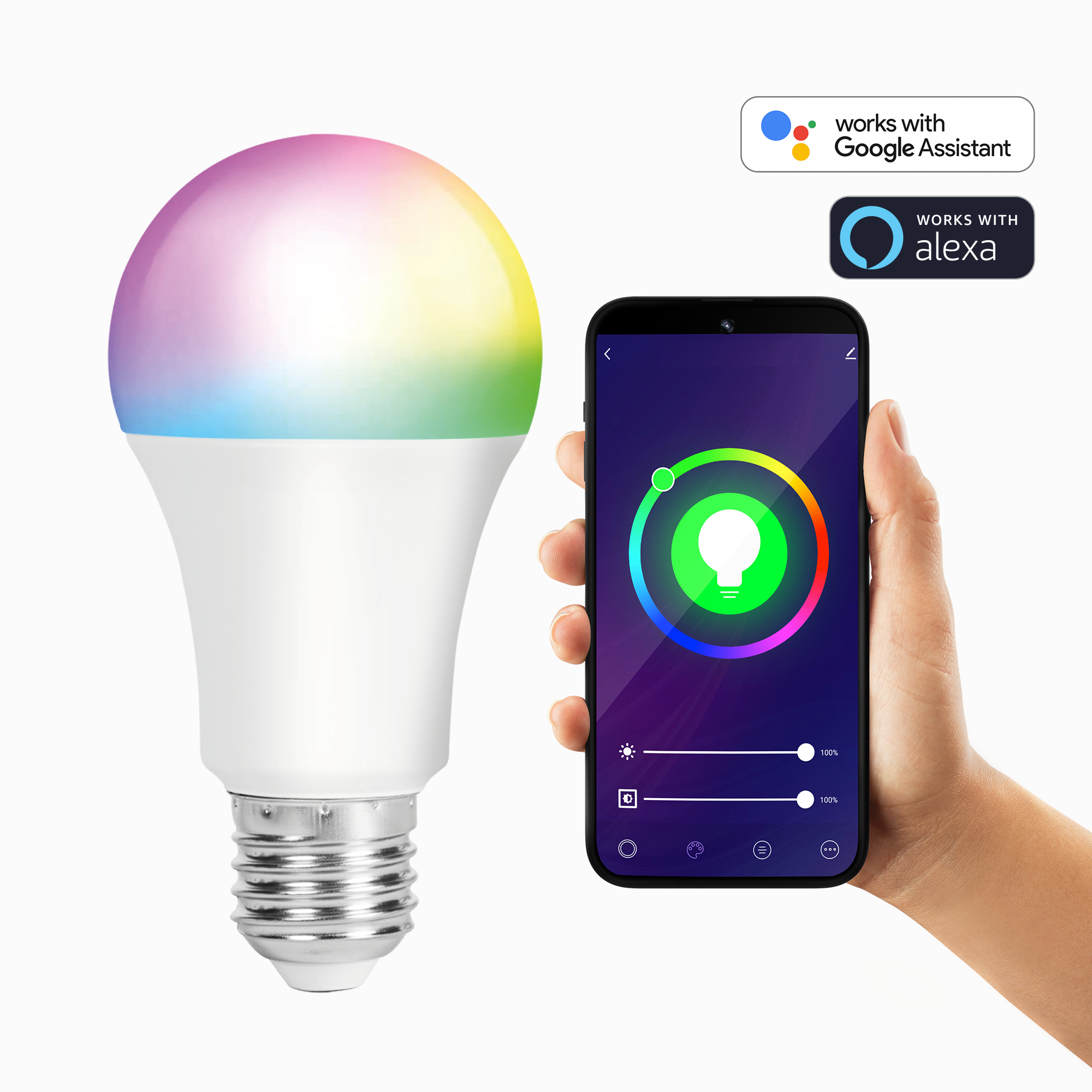 Smarte Glühbirne und Telefonbildschirm mit Farbkreis. Funktioniert mit Google Assistant & Alexa.