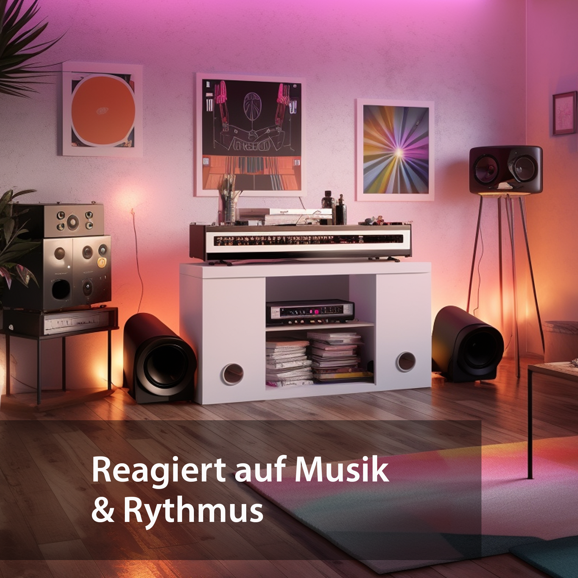 Wohnzimmer mit weißem Schrank, Lautsprechern und Postern. Rosa und lila Beleuchtung.