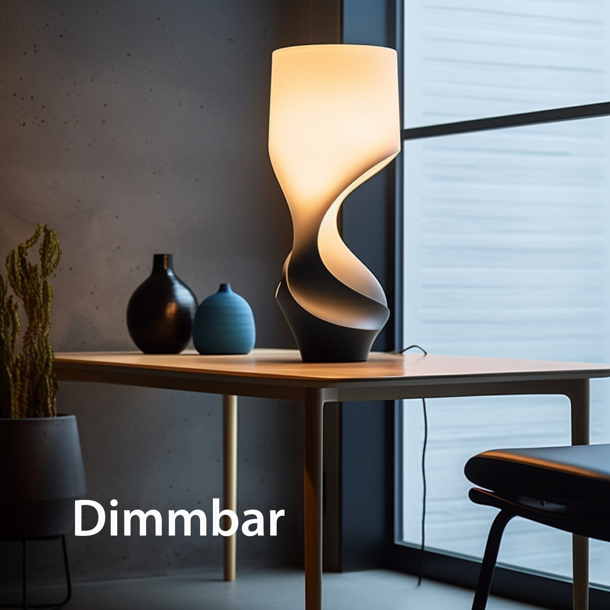 Eine hohe Lampe, schwarz und weiß, in einem Raum mit Tisch und zwei Vasen. Dimmer-Text.