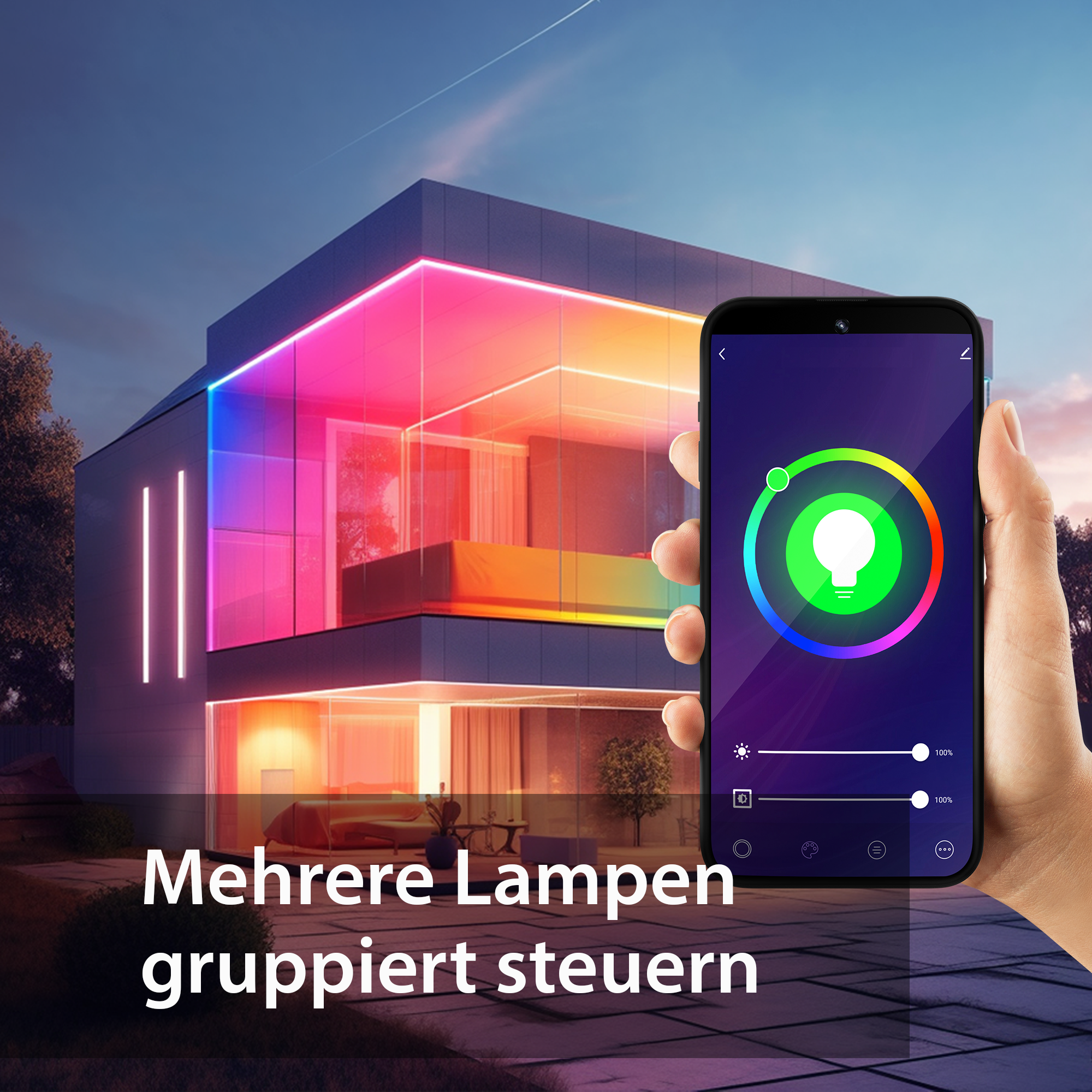 Modernes Haus bei Nacht mit bunten Lichtern. Eine Hand hält ein Telefon mit Lichtsteuerung.