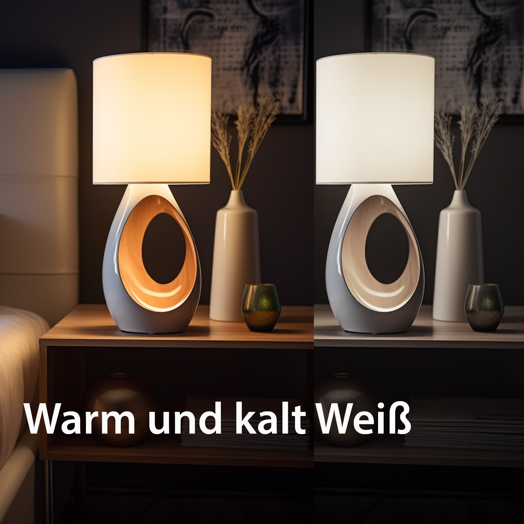 Zwei Bilder einer Tischlampe mit weißem Schirm und Holzsockel, die warmes und kaltes weißes Licht zeigen.