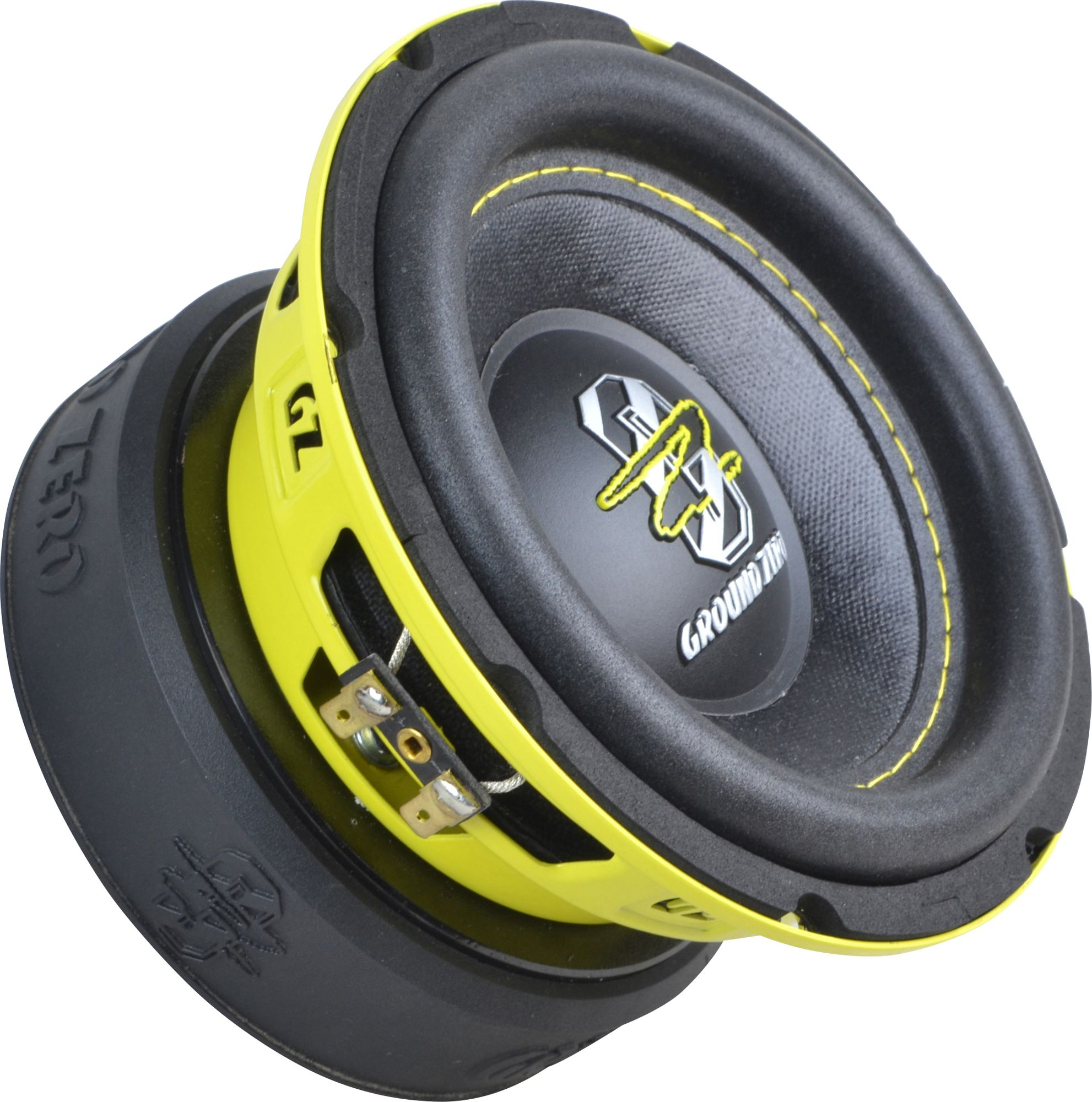 Gelb-schwarzer Subwoofer. Er hat das Logo 'GROUND ZERO' und einen silber-schwarzen Lautsprecherkonus.