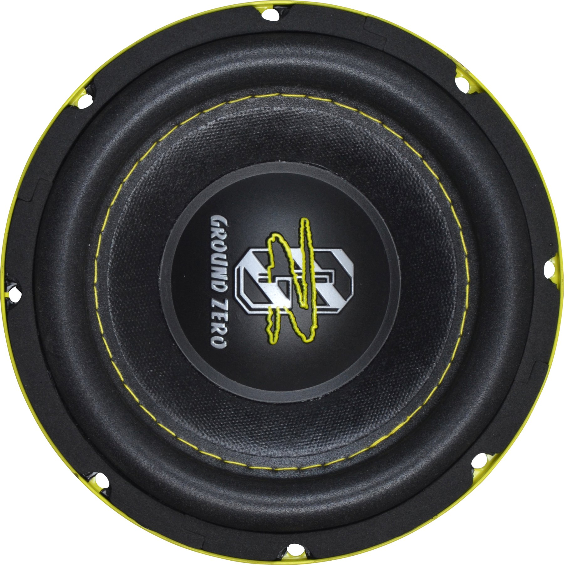Ein Auto-Audio-Subwoofer-Lautsprecher mit schwarzer Membran und gelben Nähten.
