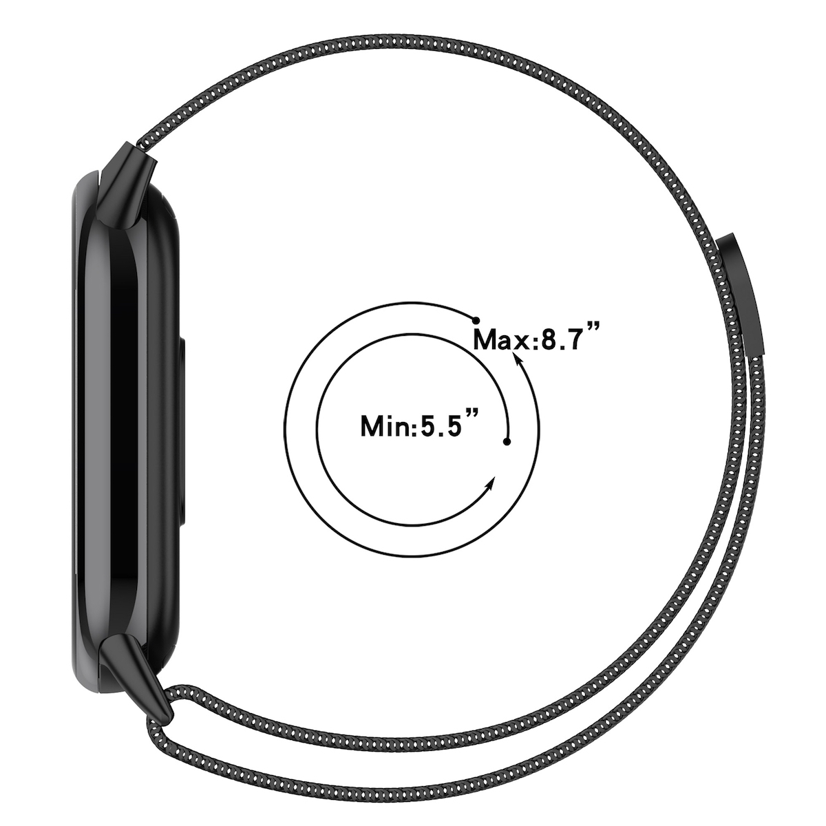 Schwarzes Uhrenarmband mit Durchmesserangabe, isoliert auf weißem Hintergrund.