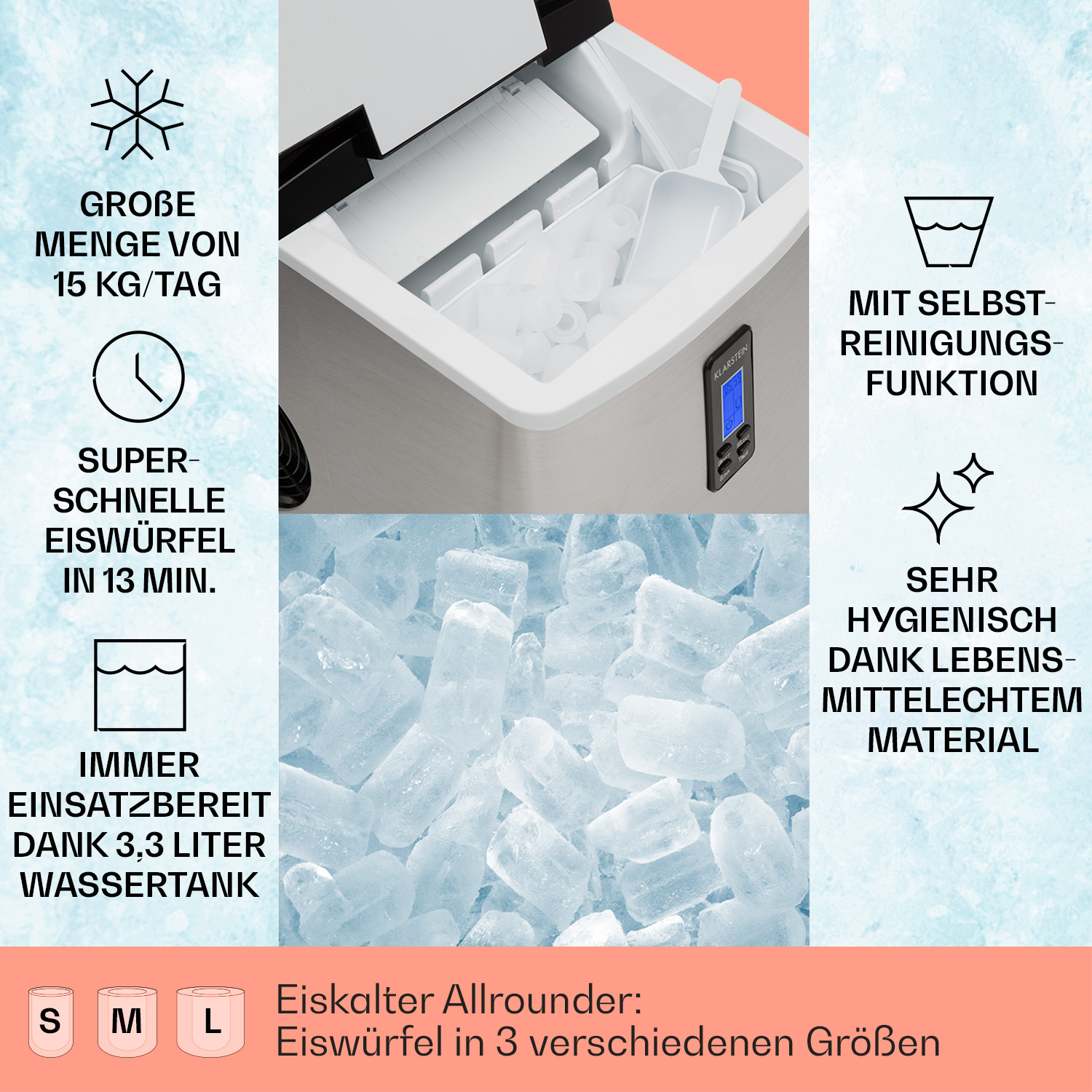 Eine Eismaschine wird gezeigt. Sie ist silbern mit einem blauen Display. Im Vordergrund befindet sich ein Haufen Eiswürfel.