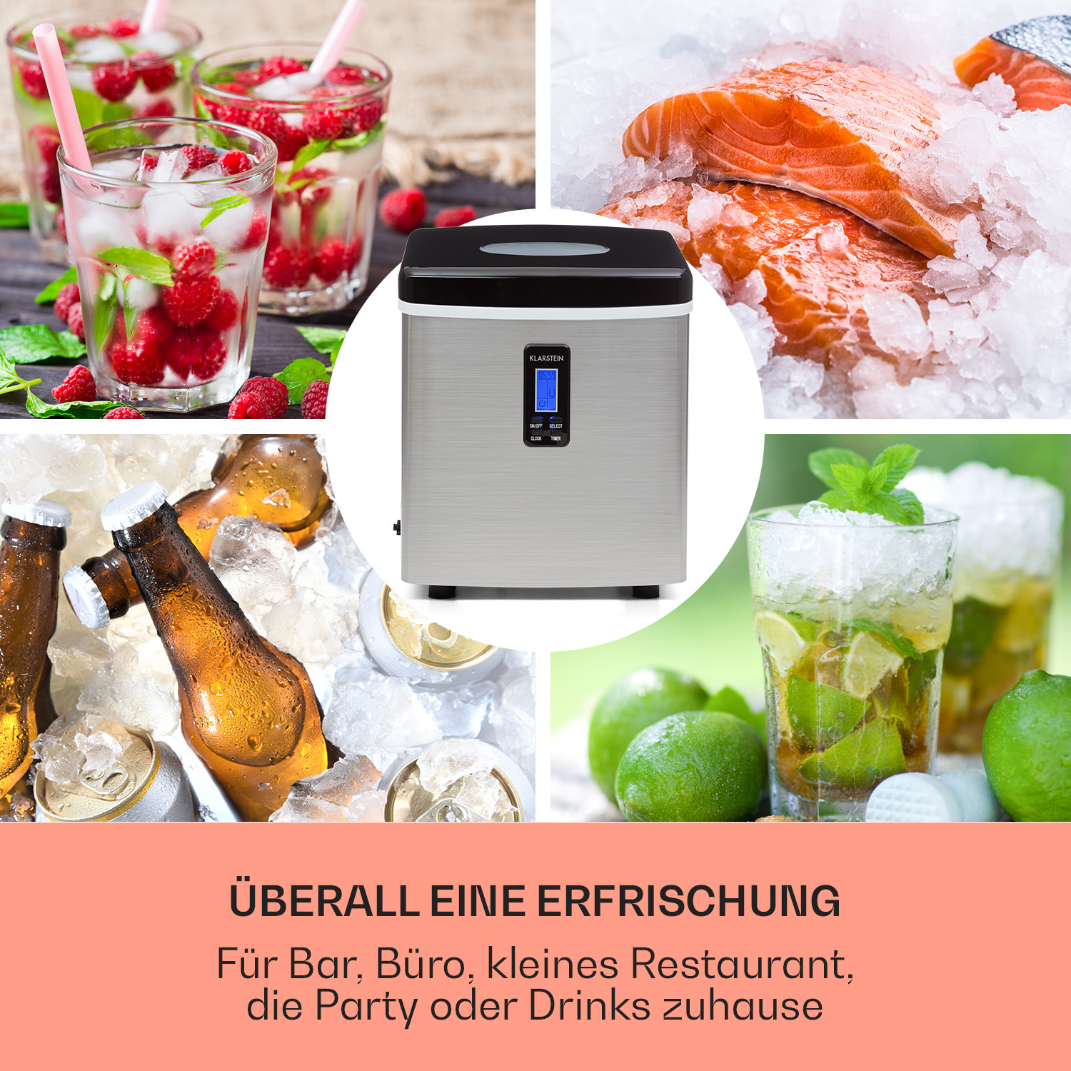Eine Eismaschine, mit verschiedenen Artikeln wie Getränken und Lachs drumherum.