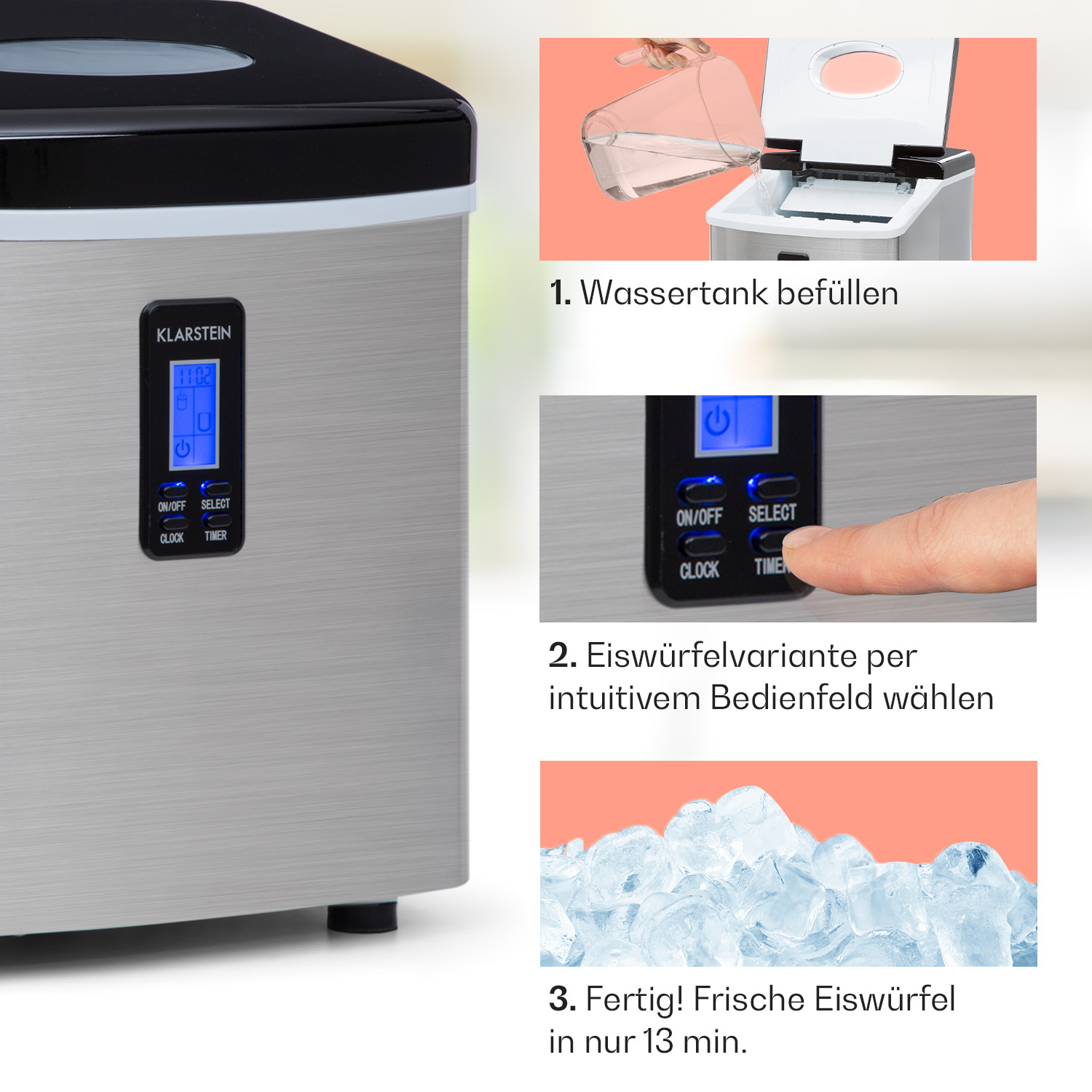 Eisbereiter mit Anweisungen und Eiswürfeln. Wassertank, Auswahl und Timer.