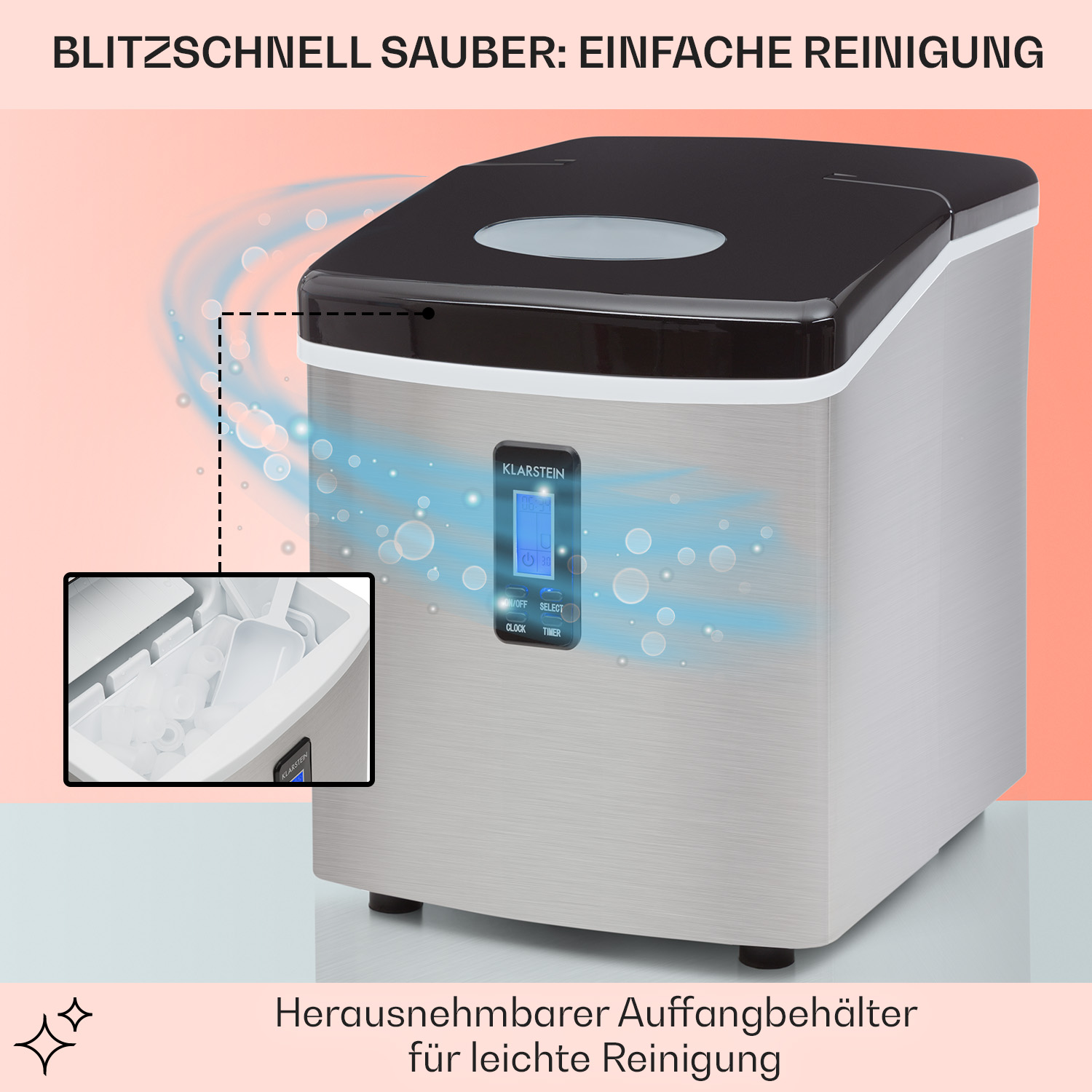 Ein silberner Eisbereiter mit schwarzem Deckel, der Eis und Bedienfeld zeigt.