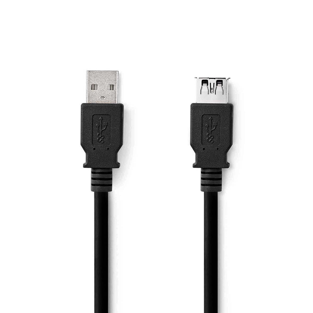 Two black USB cables, one with a USB-A connector and the other with a USB-B connector.