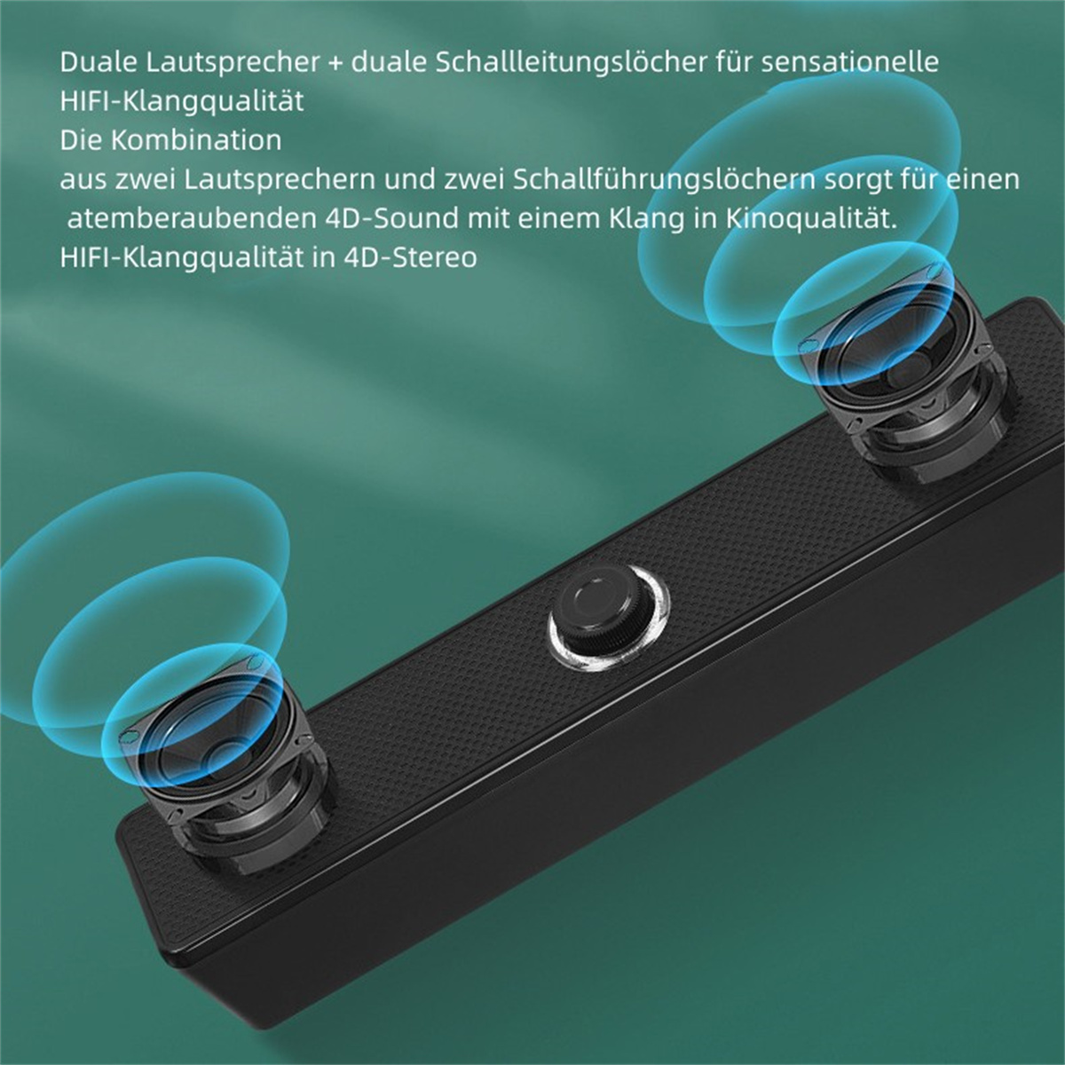 Ein schwarzer Lautsprecher mit zwei Lautsprechern. Blaue Schallwellen-Symbole. Text über Klangqualität.