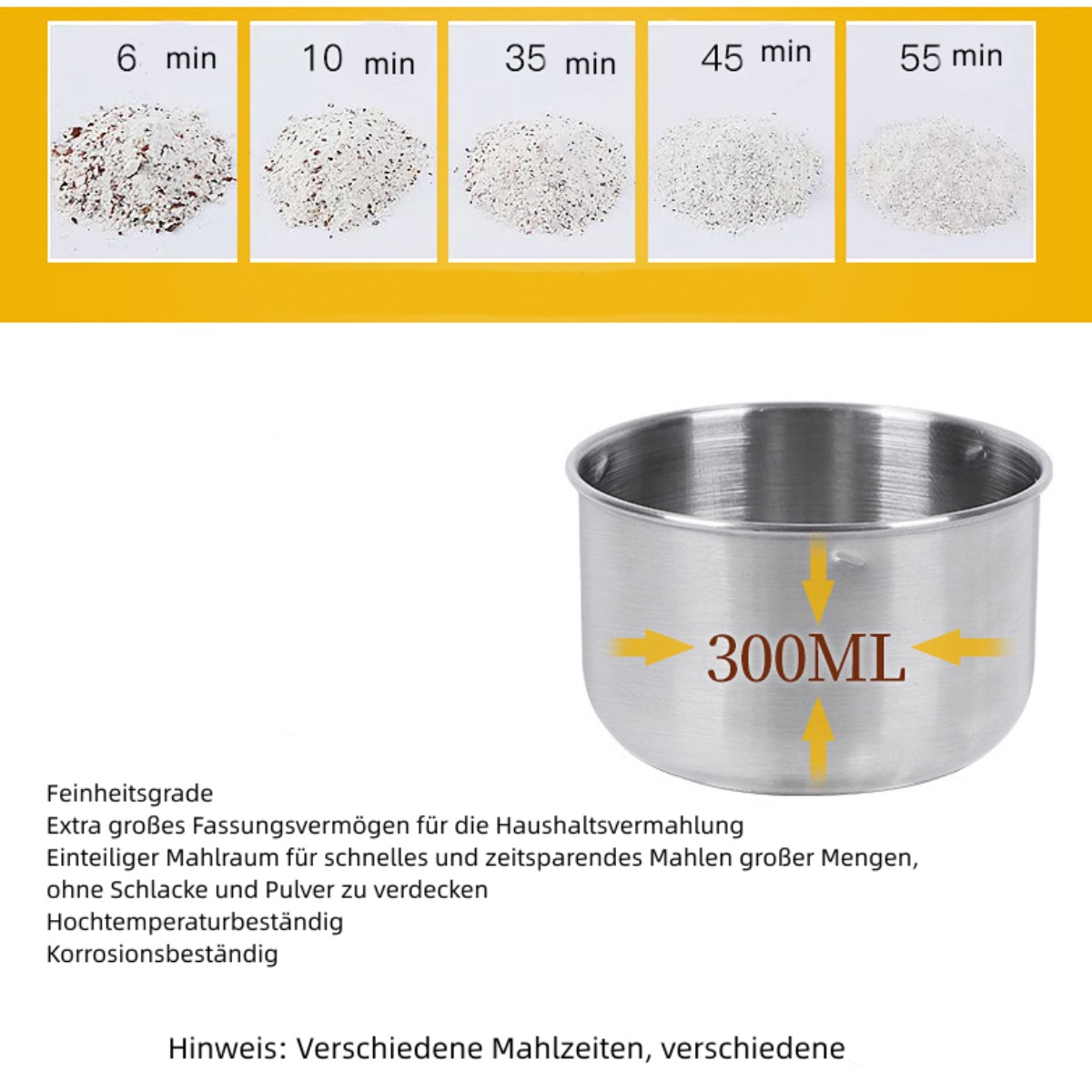 Edelstahltopf mit Etiketten, die Zeit und Mahlergebnisse zeigen, und Textbeschreibung.
