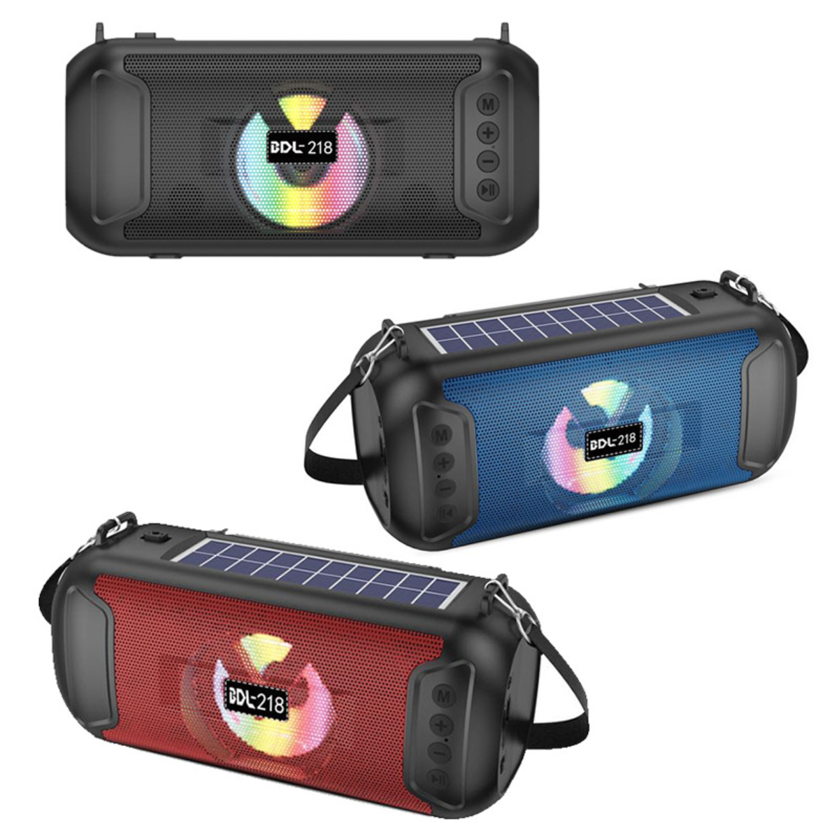 Drei Lautsprecher: Schwarz, blau und rot, alle mit Solarpanelen und farbenfrohen LED-Leuchten.