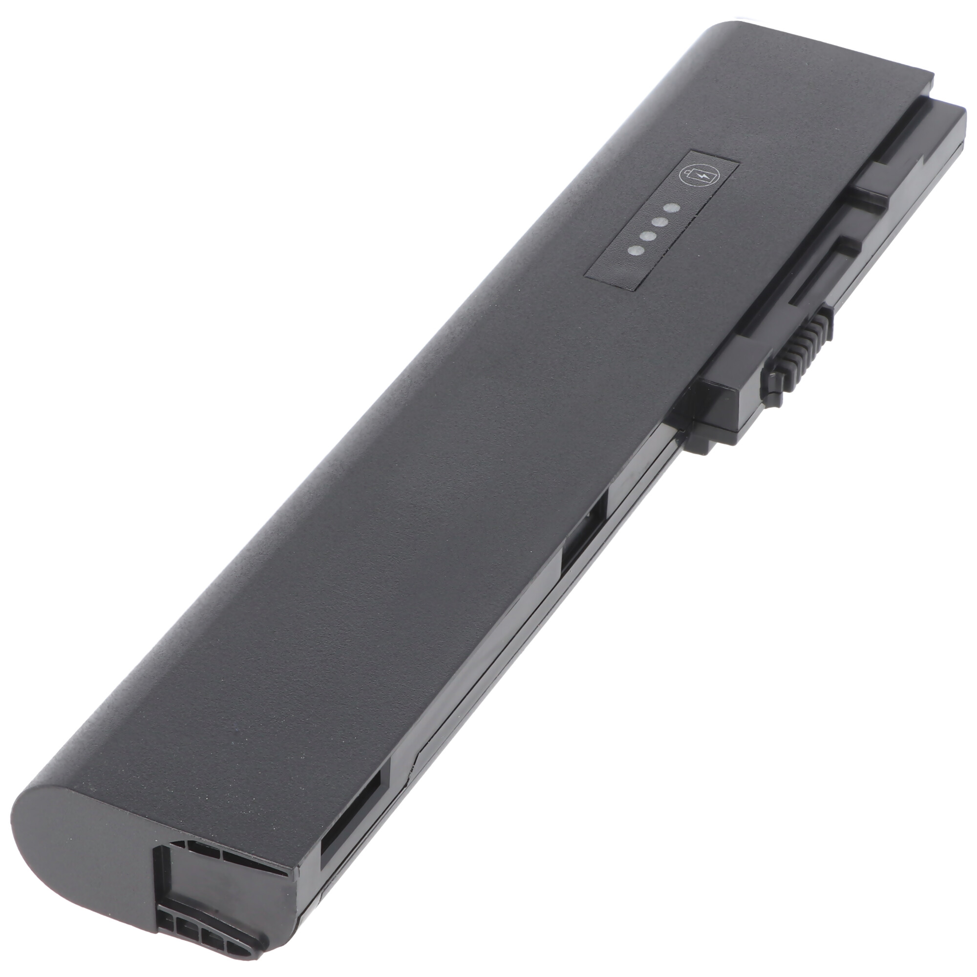 Ein schwarzer Laptop-Akku mit einer Leistungsanzeige, mit vier leuchtenden Punkten, auf weißem Hintergrund.
