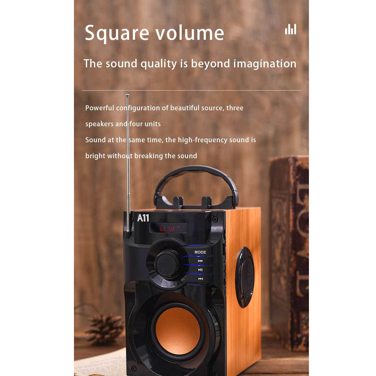 Holzlautsprecher mit schwarzer Front. Text auf dem Lautsprecher lautet: 'Square volume' und 'A11'.