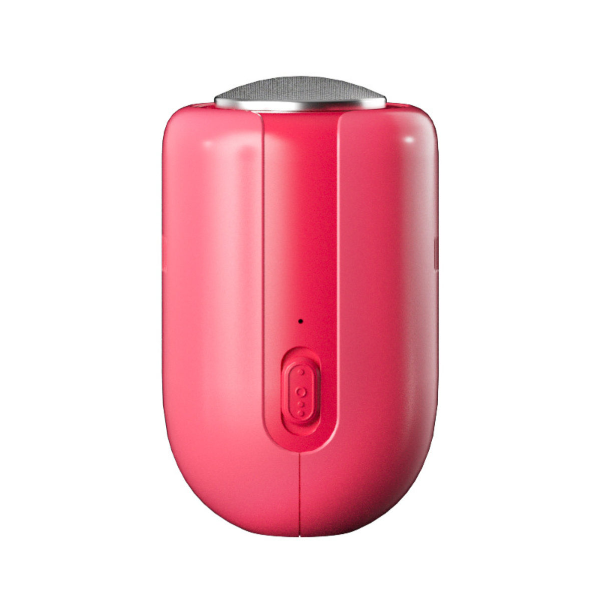 Ein rotes und pinkfarbenes elektronisches Gerät mit Knopf und silberner Oberseite.