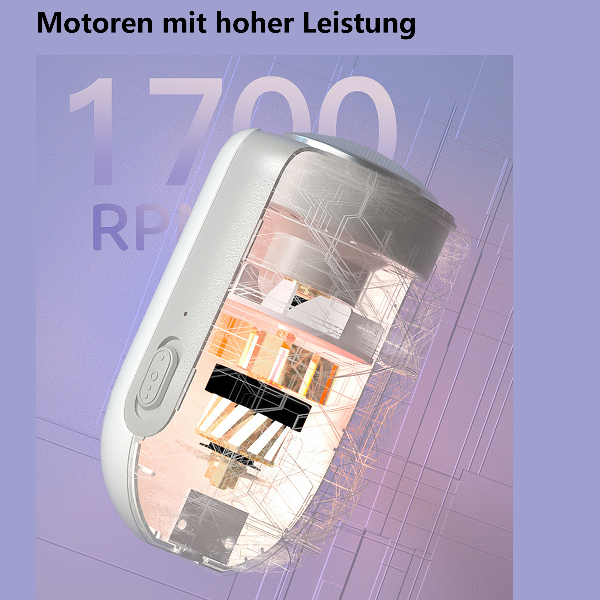 Nahaufnahme eines weißen und grauen Geräts mit sichtbaren internen Komponenten, beschriftet mit '1700 U/min'.