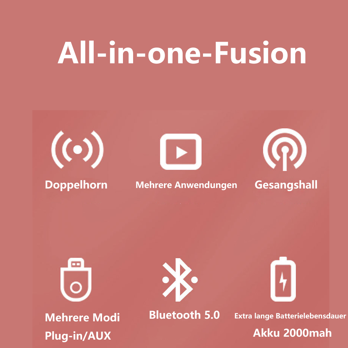 Symbole, die Funktionen zeigen: Doppelhorn, mehrere Anwendungen, Gesangshalle und Batterie.