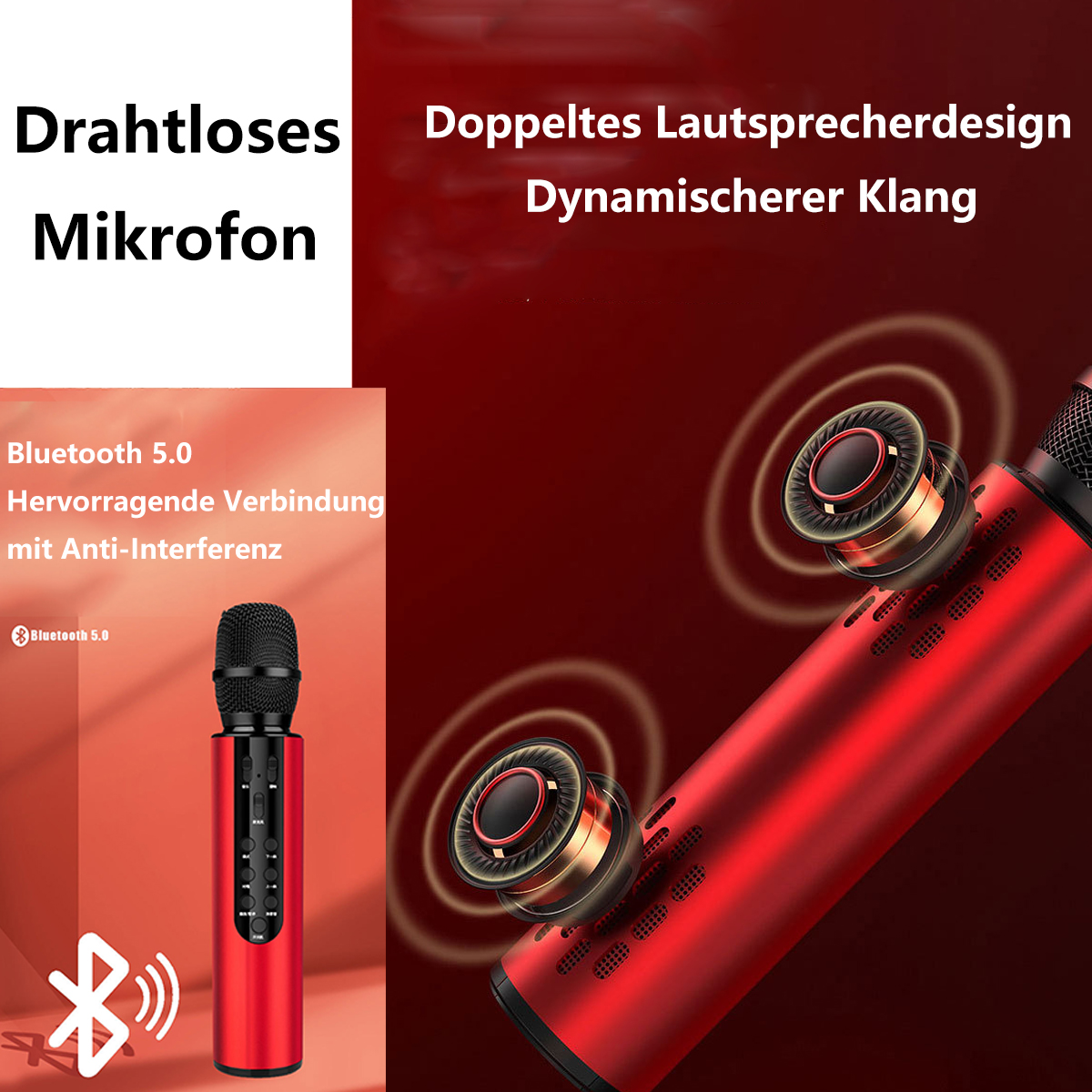 Rotes drahtloses Mikrofon mit schwarzem Oberteil. Hat ein Bluetooth 5.0-Symbol und Text.