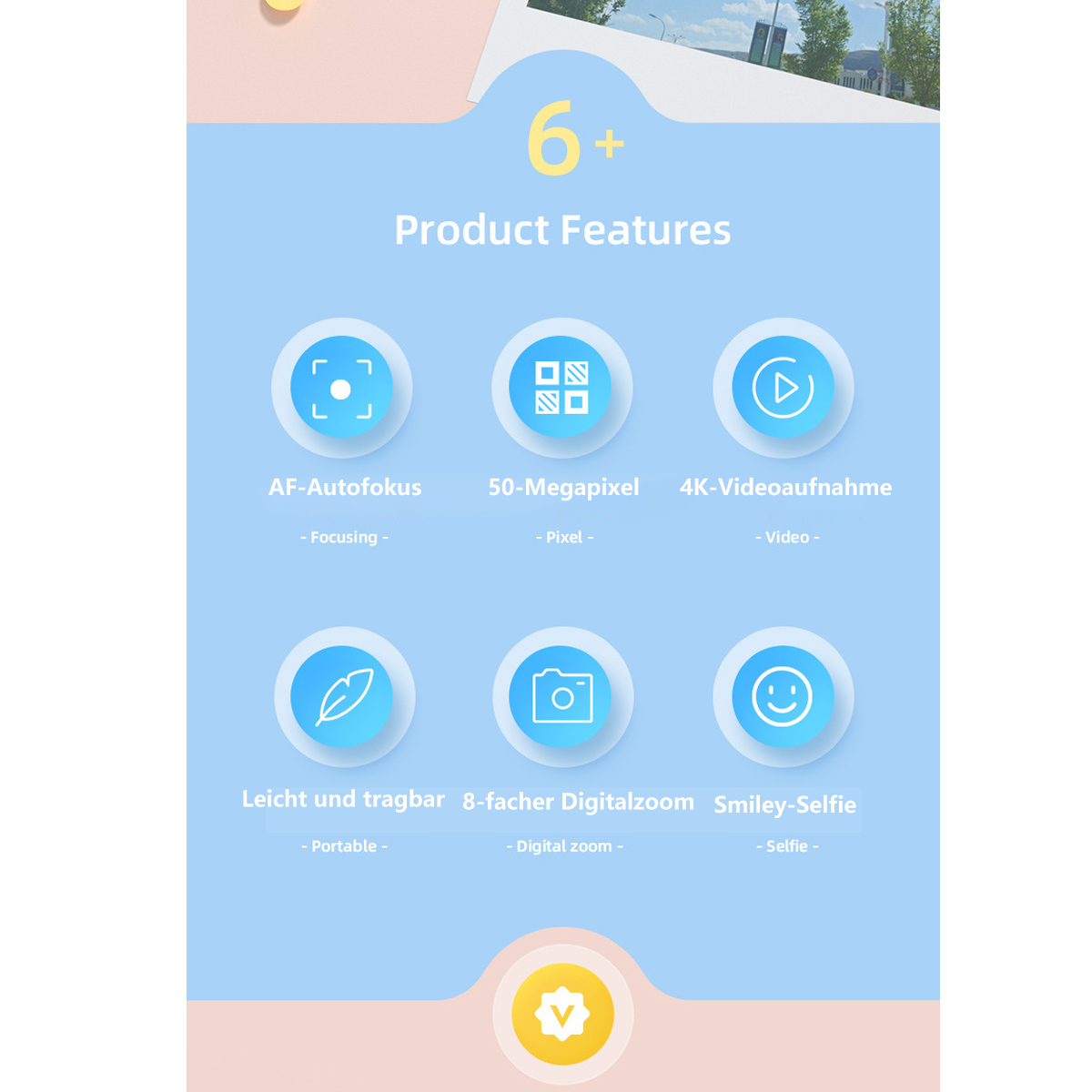 Infografía con iconos y texto de funciones del producto: enfoque automático, 50MP, vídeo 4K, portátil, zoom digital y selfie.