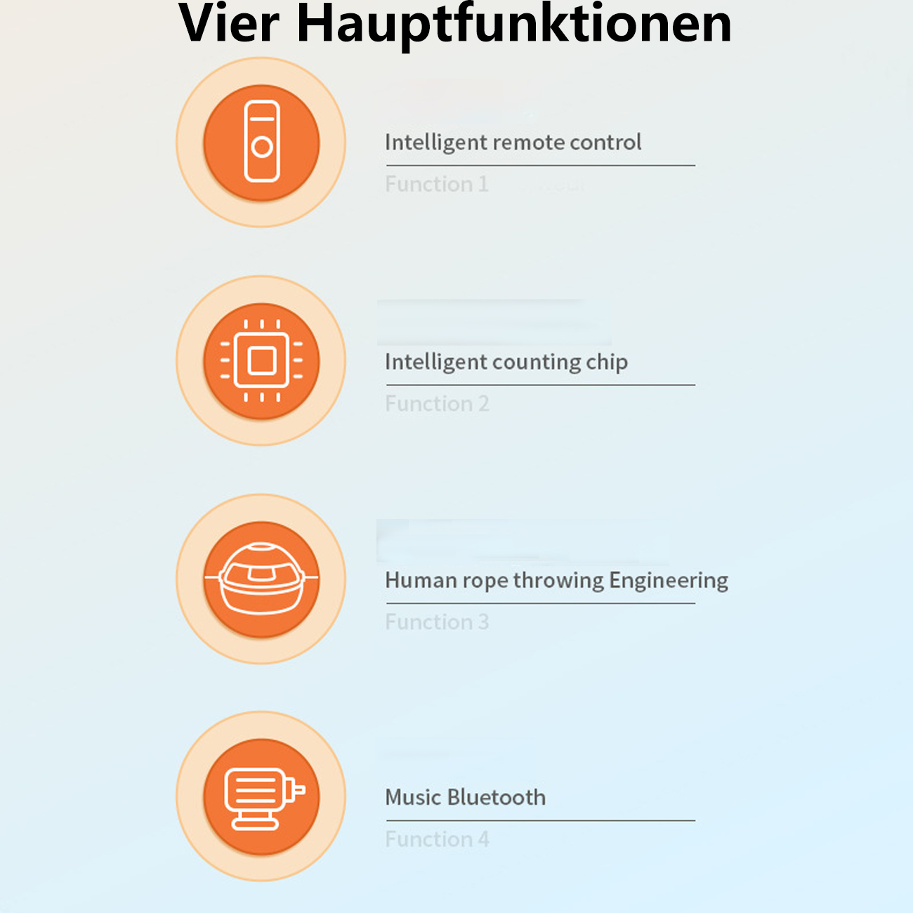 Vier Symbole mit Text: Fernbedienung, Zählchip, Seilwerfen und Musik-Bluetooth.