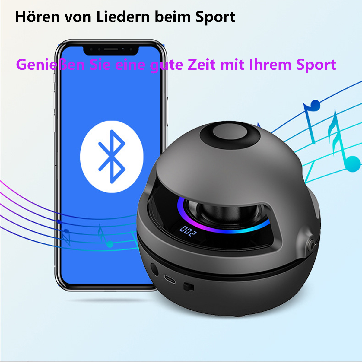 Ein Smartphone mit blauem Bluetooth-Symbol neben einem grauen Lautsprecher mit bunten Lichtern.