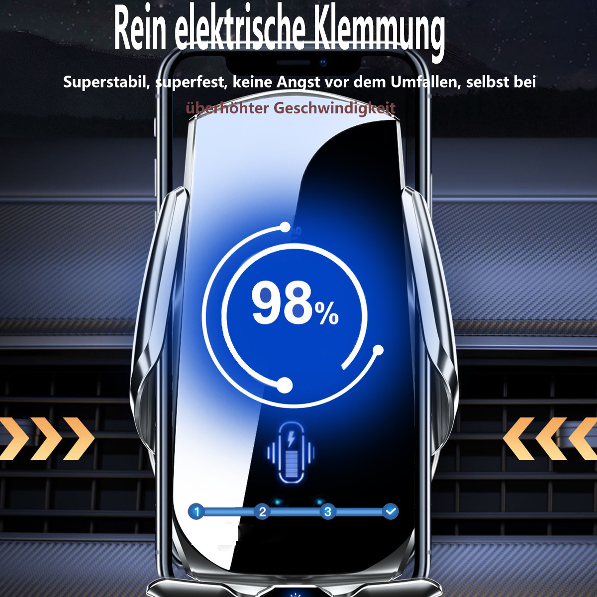 Ein Smartphone wird in einer Autohalterung befestigt, mit einer Prozentgrafik, die 98 % anzeigt.