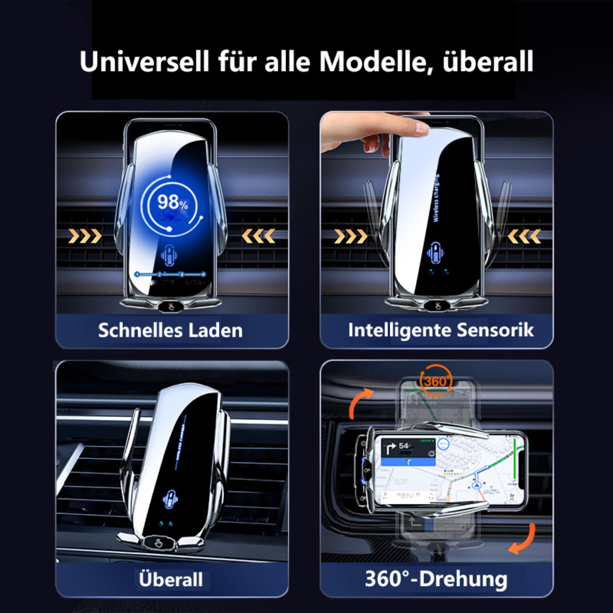 Bild, das ein kabelloses Ladegerät mit einem Telefon zeigt, in mehreren Ausrichtungen dargestellt.