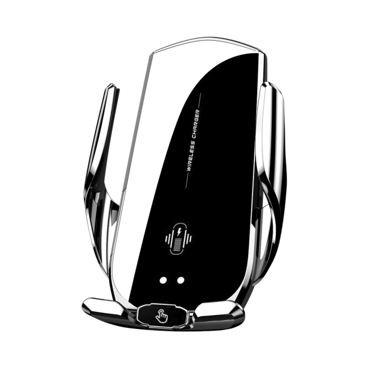 Kabelloses Ladegerät fürs Auto. Schwarz-silbernes Design. Weißer Hintergrund.