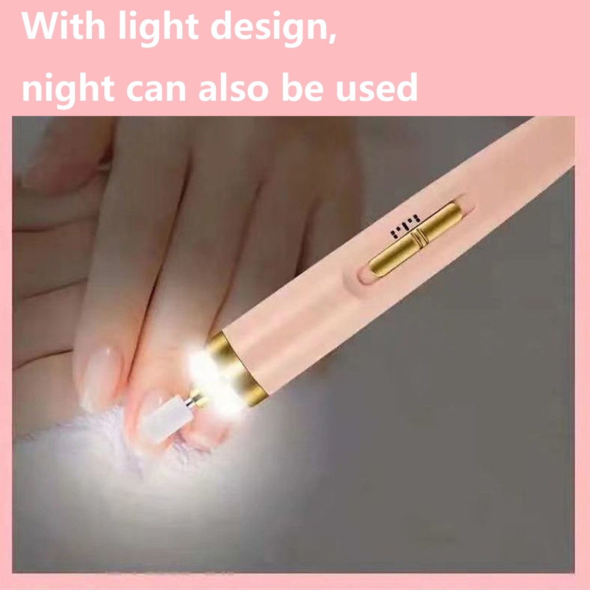 Rosa Nagelfeile wird an einem Finger verwendet. Das Licht ist an. Text: Mit Lichtdesign, Nacht kann auch verwendet werden.