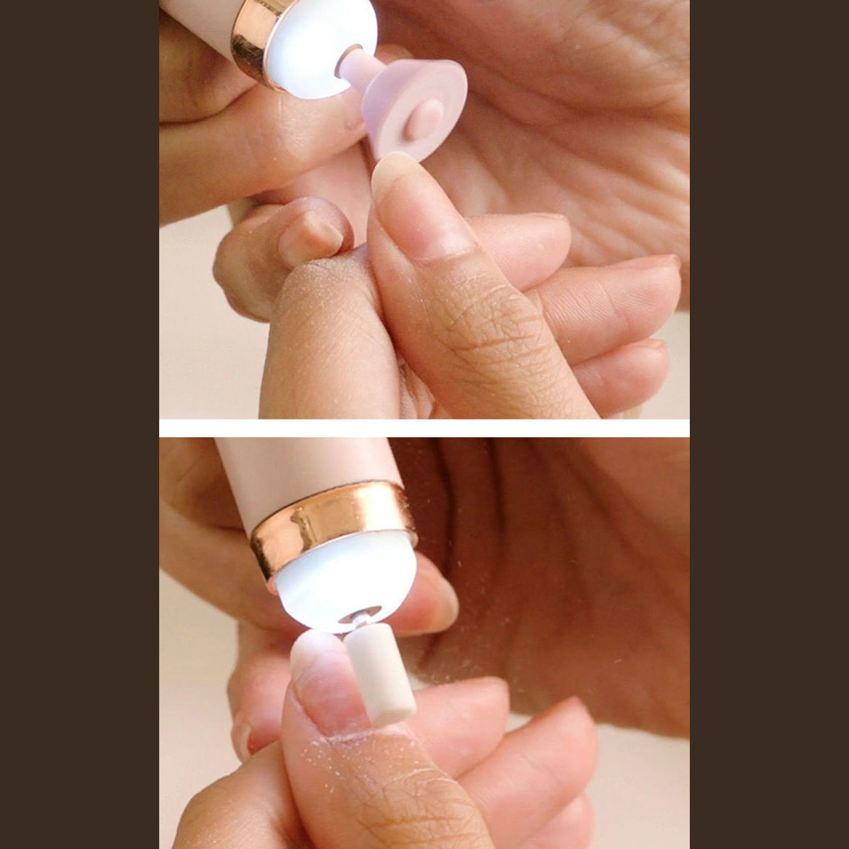 Zwei Bilder. Eine Person benutzt ein Nagelpolierwerkzeug. Das Werkzeug ist weiß und hat ein Licht. Nahaufnahme.