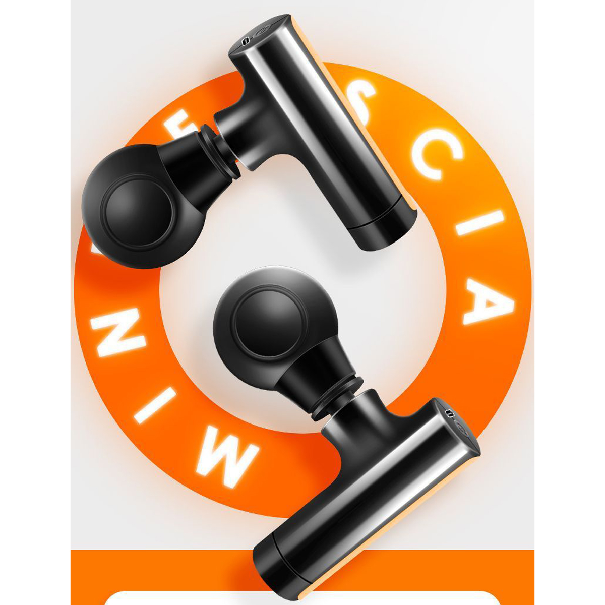 Zwei schwarze Massagepistolen auf einem orangenen Kreis, mit Text.