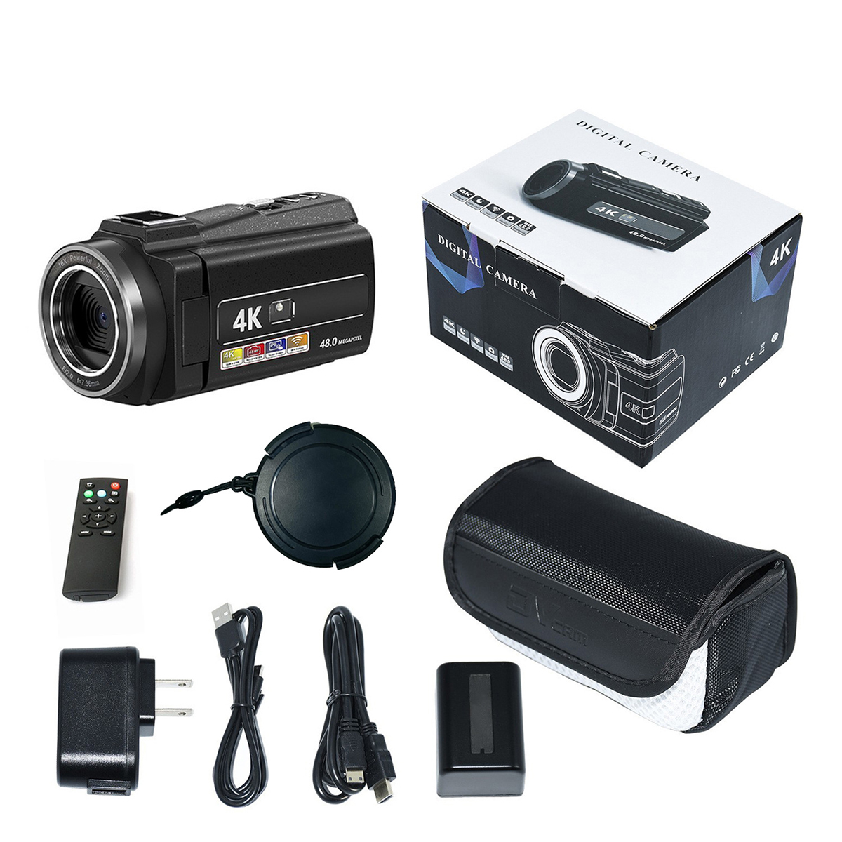Cámara digital negra con accesorios: caja, mando, cargador, batería, tapa y bolsa.