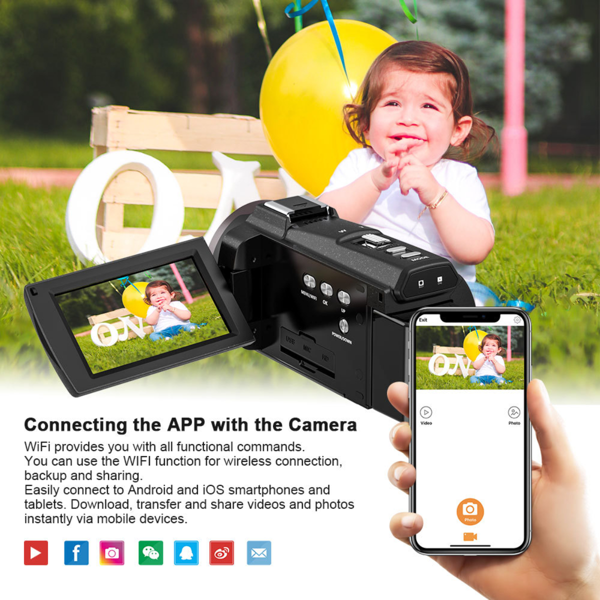Camcorder zeigt Kinderbild. Telefon zeigt gleiches Bild. Text: Connecting the APP...