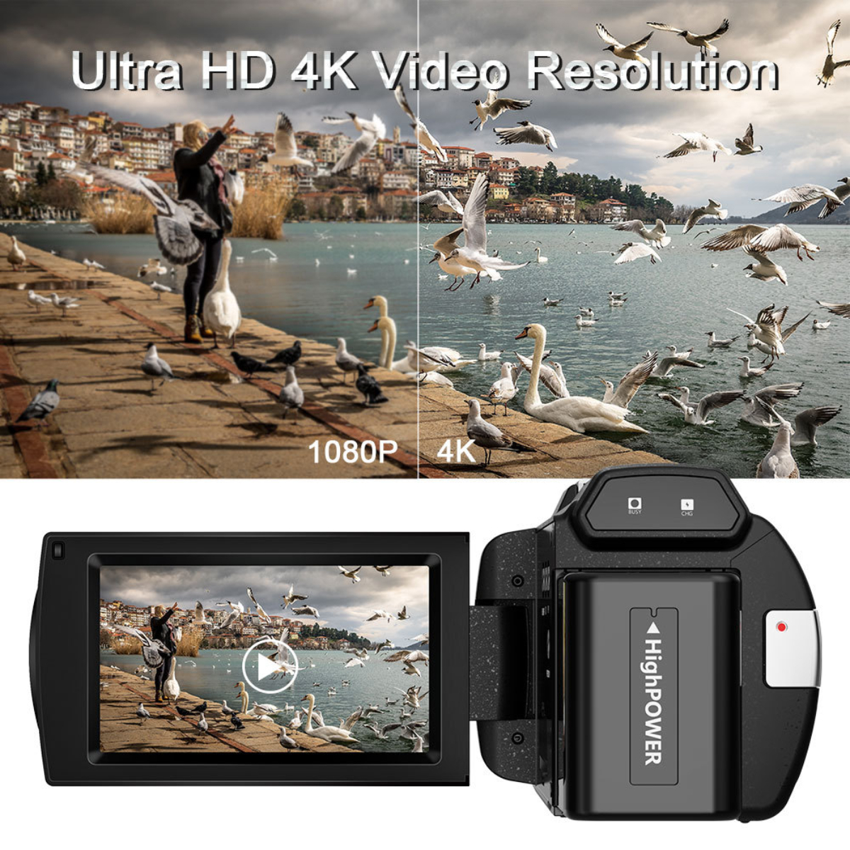 Cámara mostrando un vídeo de aves, con texto indicando resolución 4K y 1080P, y fondo.