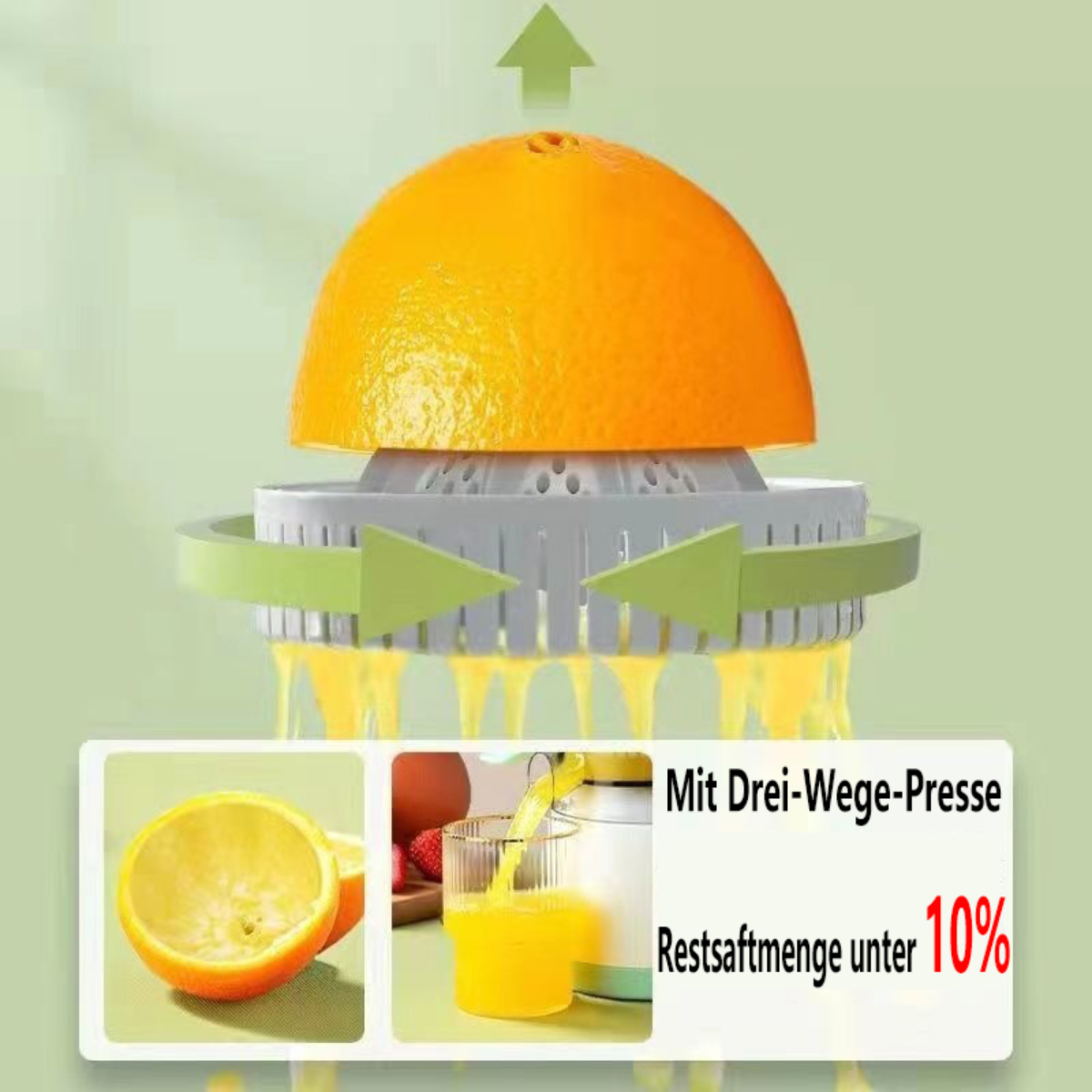 Halbierte Orange, Entsafter mit Pfeilen und Saft im Glas mit Text über Restsaft.