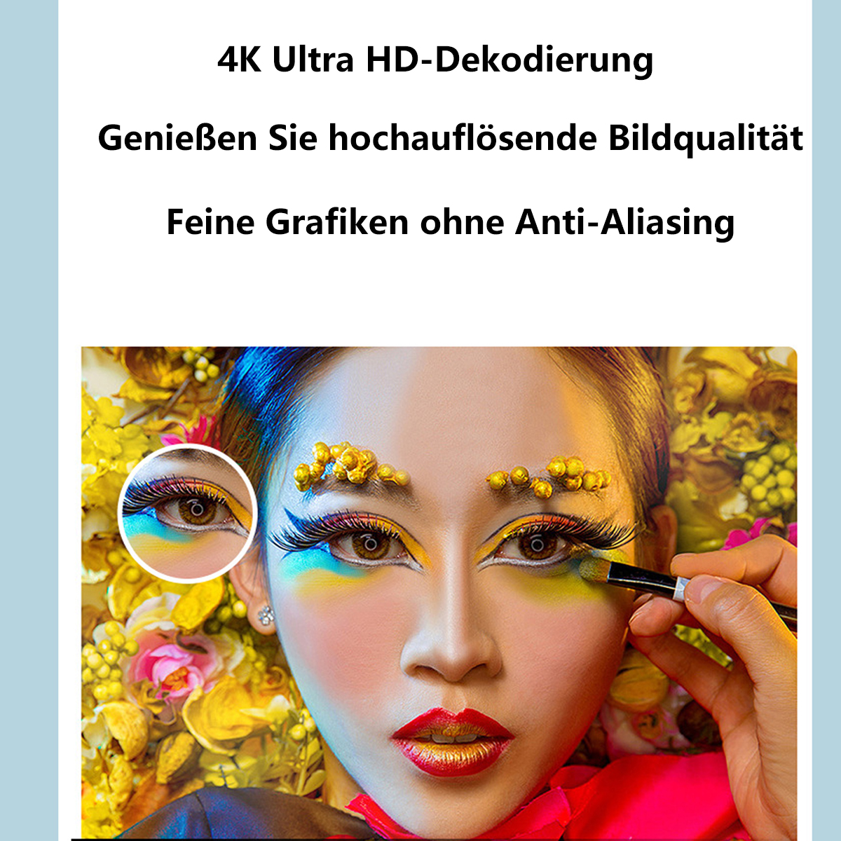 Das Gesicht einer Frau mit farbenfrohem Make-up und eine Nahaufnahme eines Auges.