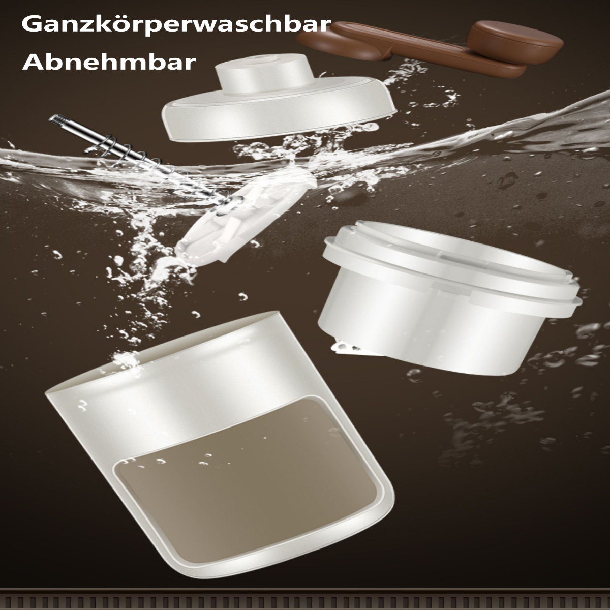 Zerlegte Teile eines Reinigungsgeräts im Wasser, mit Text: Ganzkörperwaschbar, Abnehmbar.