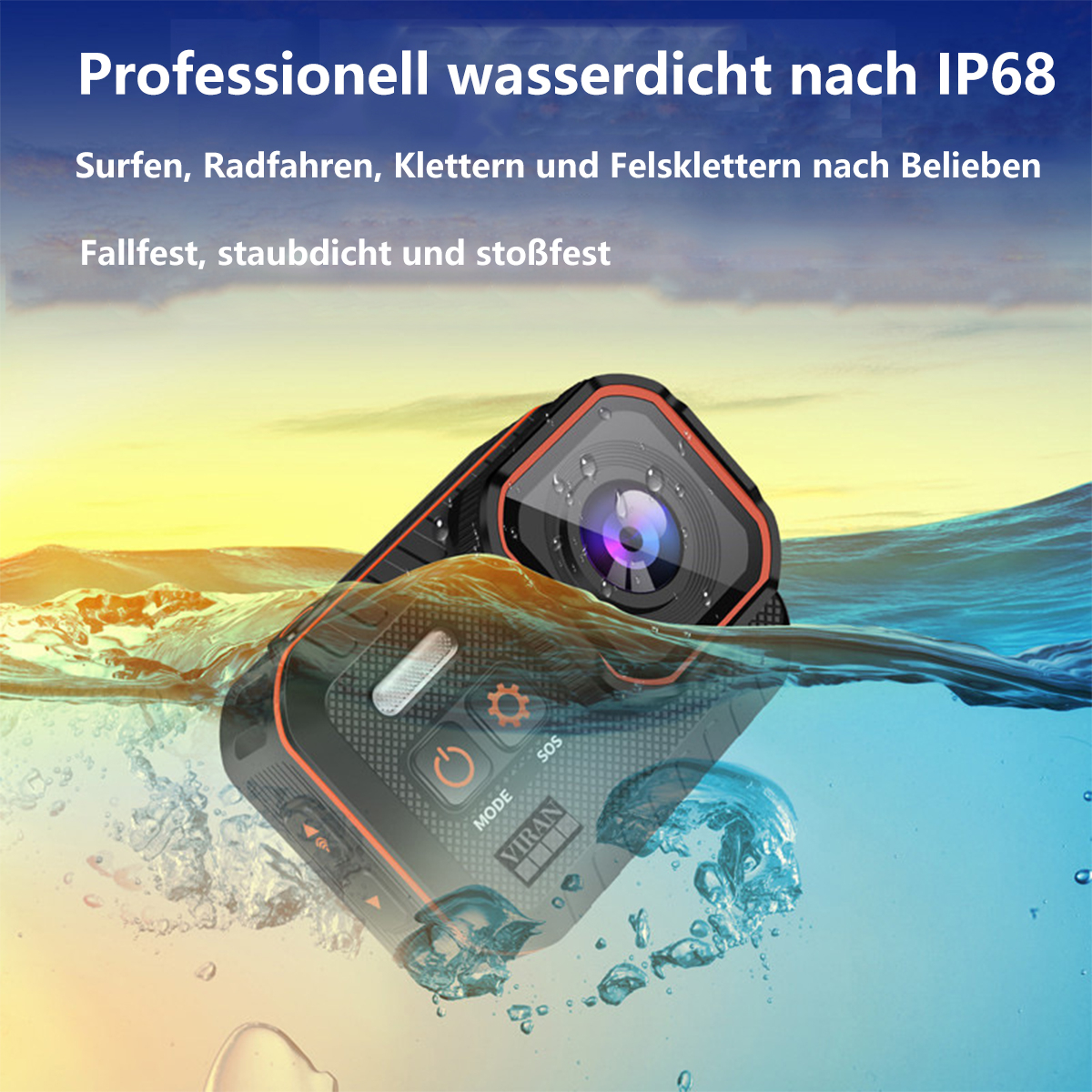 Eine schwarz-orange Action-Kamera im Wasser, mit Text über ihre Funktionen.
