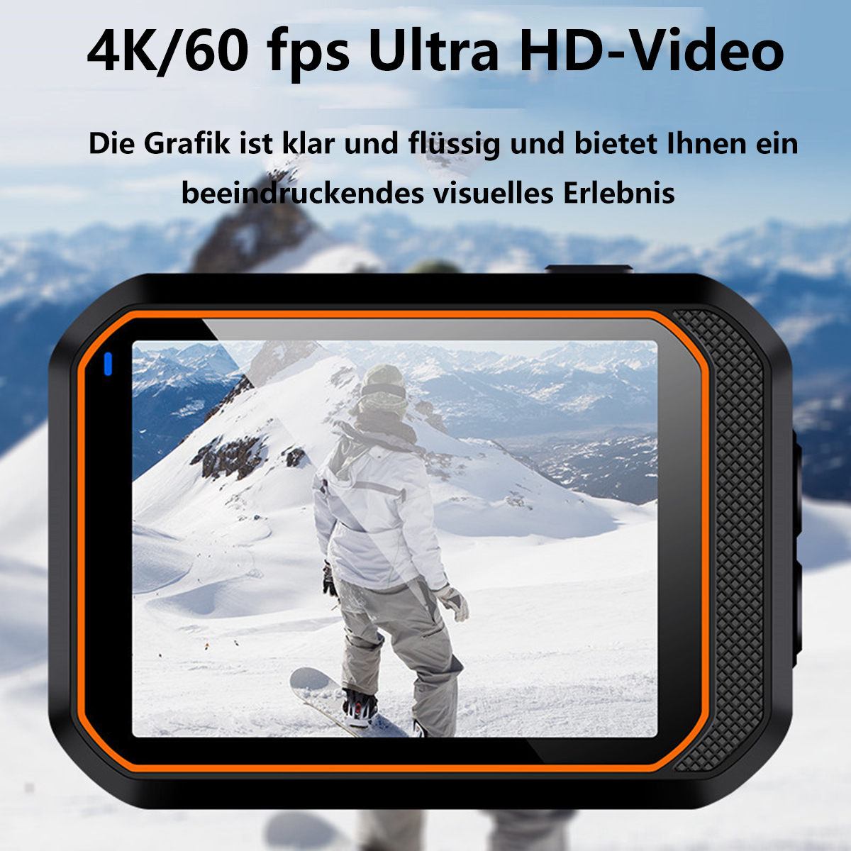Eine schwarze Action-Kamera zeigt eine verschneite Berglandschaft. Text: '4K/60 fps Ultra HD-Video'.
