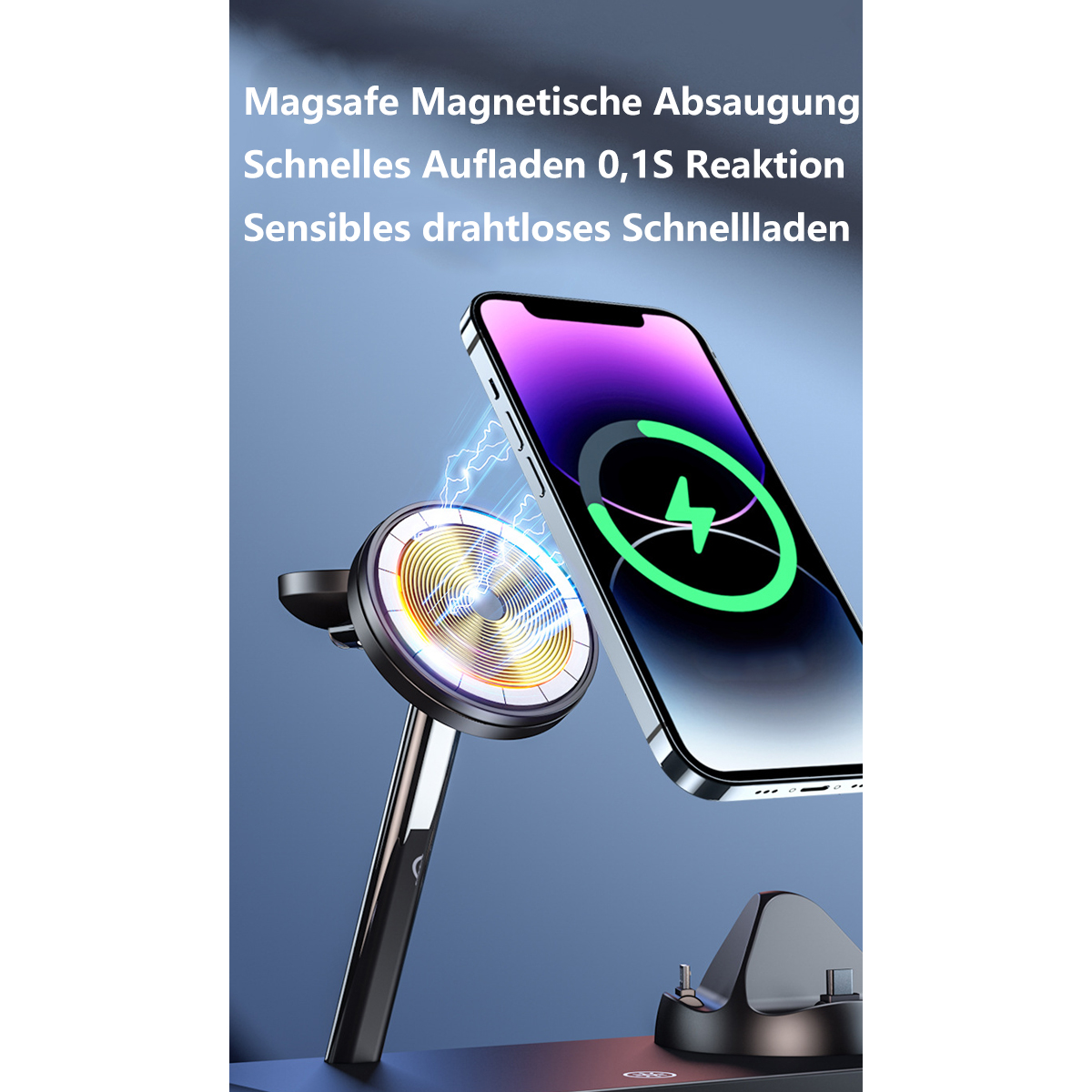 Kabelloses Ladegerät mit Telefon oben. Text: MagSafe magnetische Absaugung, schnelles Laden, 0,1S Reaktion.